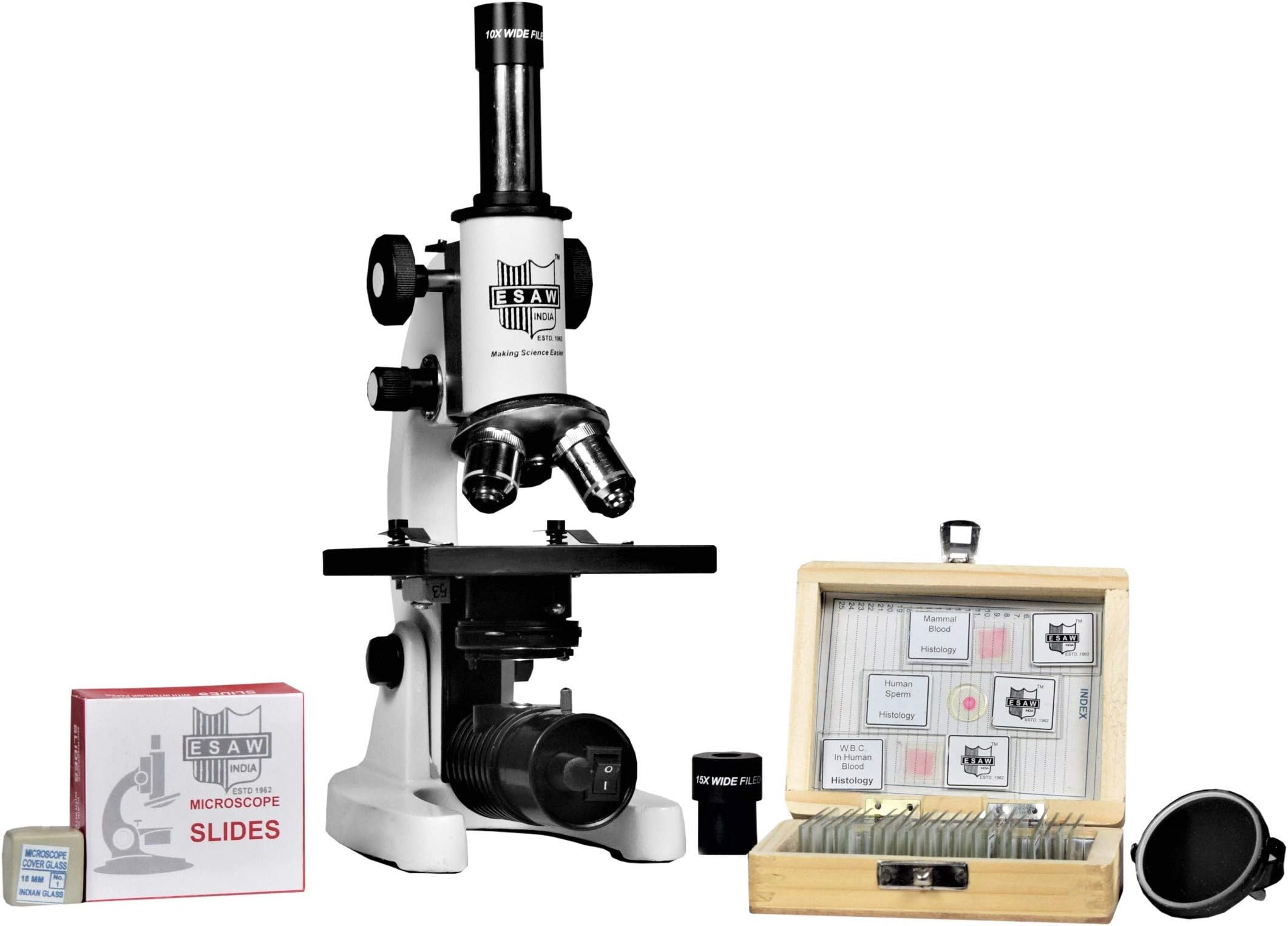 ESAW Student Compound Microscope Kit with 25 Prepared Education Slide, Magnification 100x to 1125x, Educational STEM Gift for Students, Schools & Hobbyists (Microscope with 25 Prepared Glass Slides)