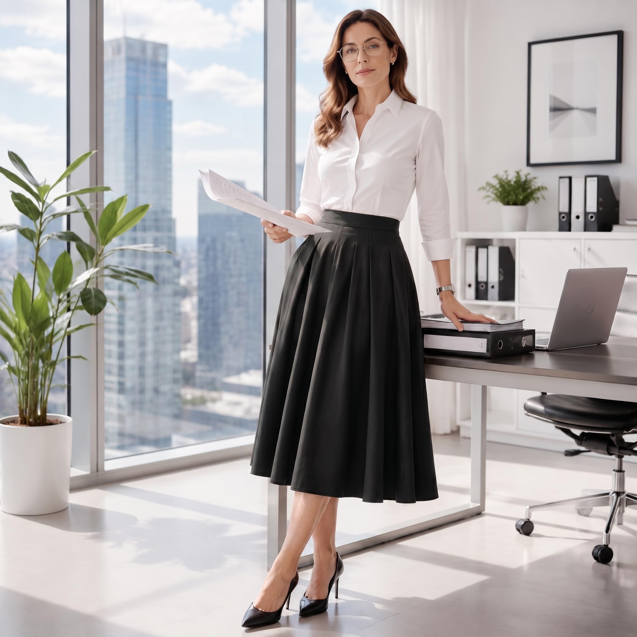 Dressystar Gonne midi plissettate per lavoro da donna con tasche