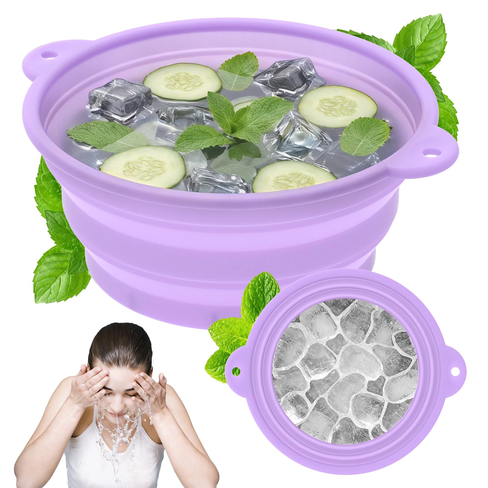 MENIBBLER Silicone Ice Face Bowl Foldable Face Ice Bath with Built in Icetray and Hanging Design, Portable Cooling Facial Washing Basin for Puffiness Relief Soothe Skin for Home Travel Camping(Purple)