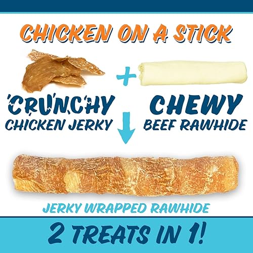 Miniatura 4 de Chicken On A Stick Crunchy & Chewy Chicken Jerky Wrapped Raw Cueros Crudos para Perros Grandes, Hecho en los Estados Unidos, Golosinas 2 en 1 para