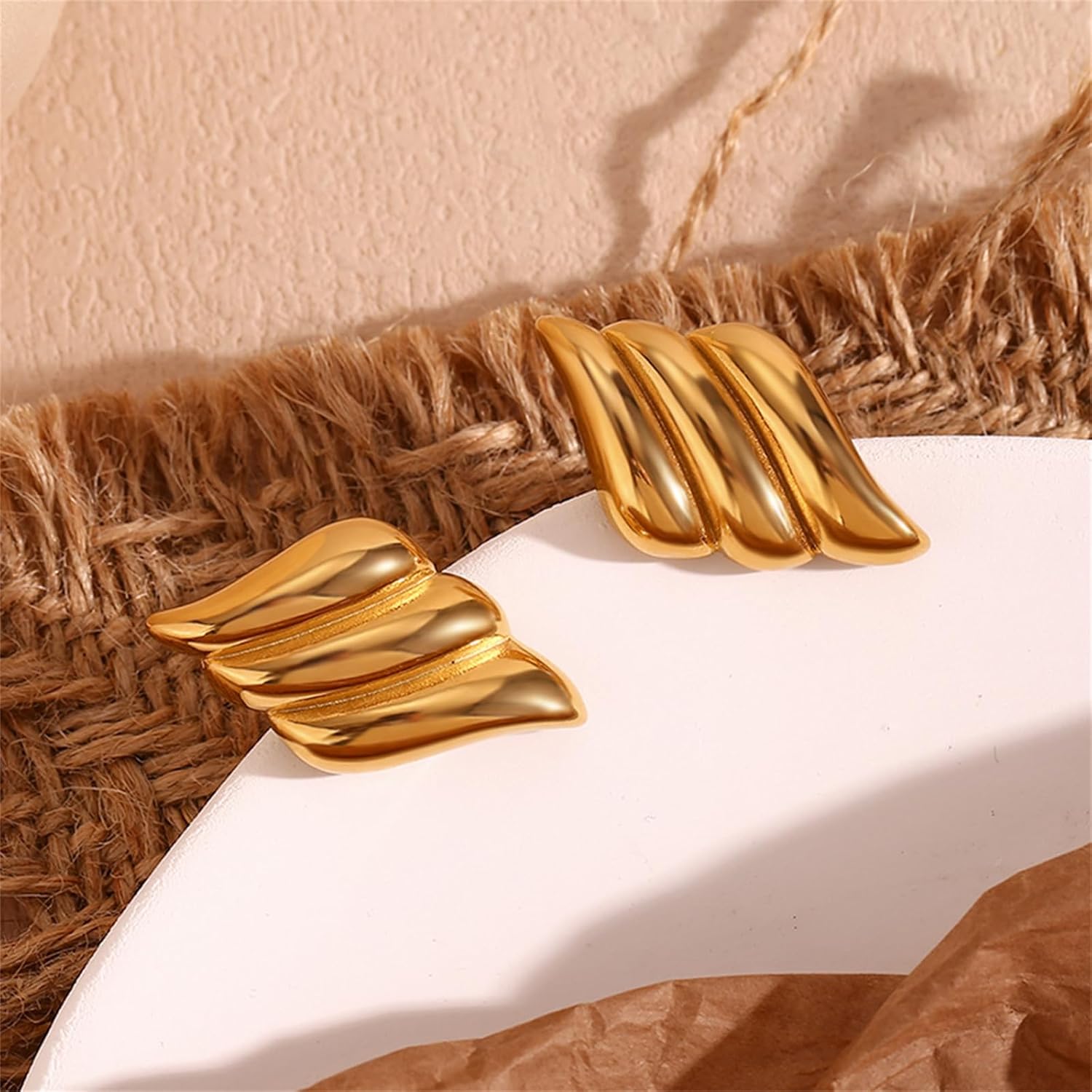 Chunky Gold Statement Geometric Earrings for Women Gold Stud Earrings Shell Wings Textured Dome Earrings Chunky Gold Wavy Button Earrings Trendy Fashion Gold Jewelry - Image 8