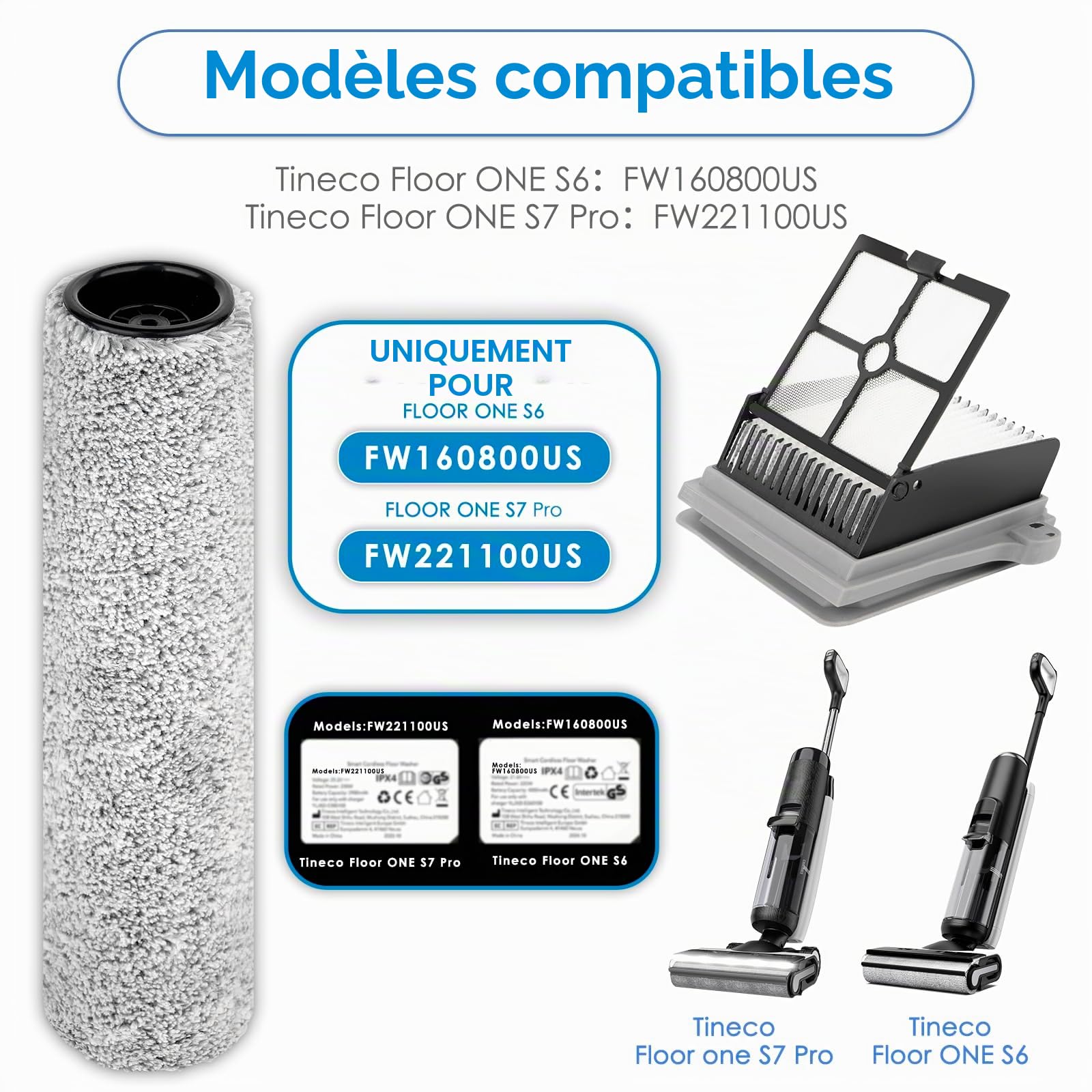 【Version 2, rouleau amovible】(6 pièces) S7 Pro rouleaux brosses et filtres HEPA pour aspirateur Tineco Floor One S7 Pro, Floor One S6, 3 rouleaux et 3 filtres (à l'exception de la poignée)