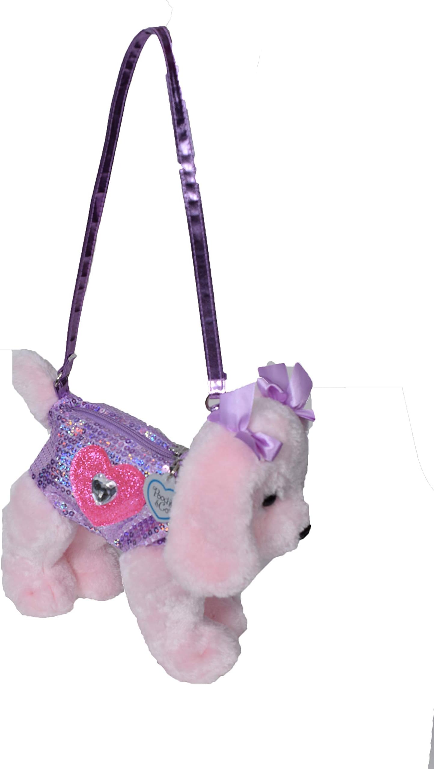 Poochie Girls Plush Handbag- Pink Lab with Halographic Sequins Glitter Heart Applique and Rhinestone Heart