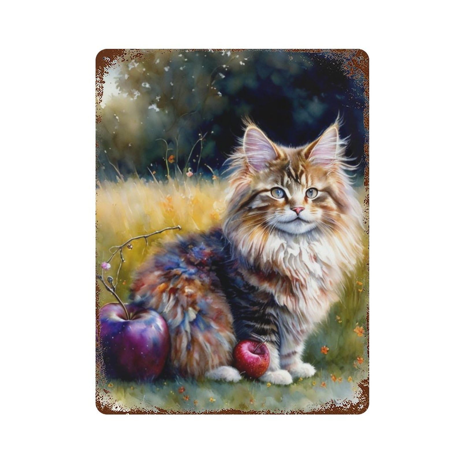 Maine Coon Cat with Apples 15.7"x11.8" Decorative Tin Sign, Retro Wall Decor for Bistro, Counter And Cafe Decor