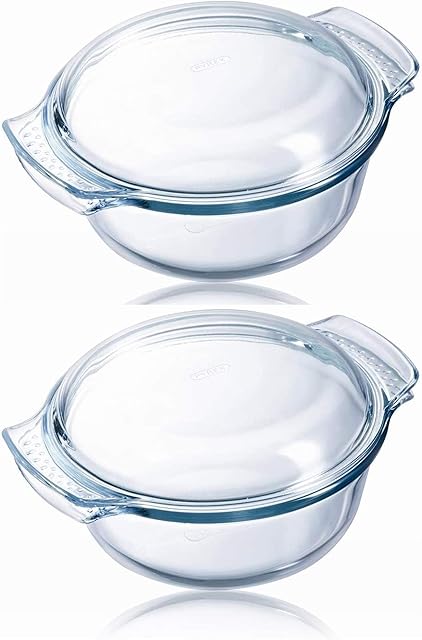Pyrex Classic Easy Grip Glass Round Casserole Dish with Lid 1.5L Transparent (Pack of 2)