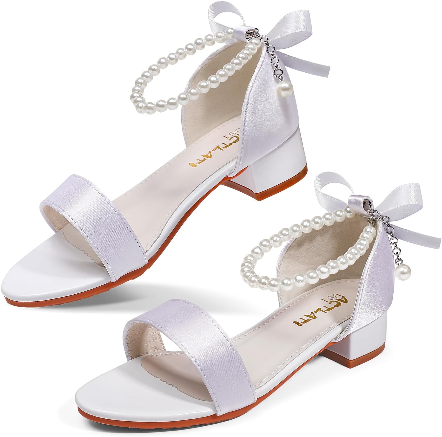 MEJORMEN Girls Heels Flower Dress Shoes Sandals Bow Pearl Ankle Strap Mary Jane Pumps Wedding Party Princess Shoes for Big Girl