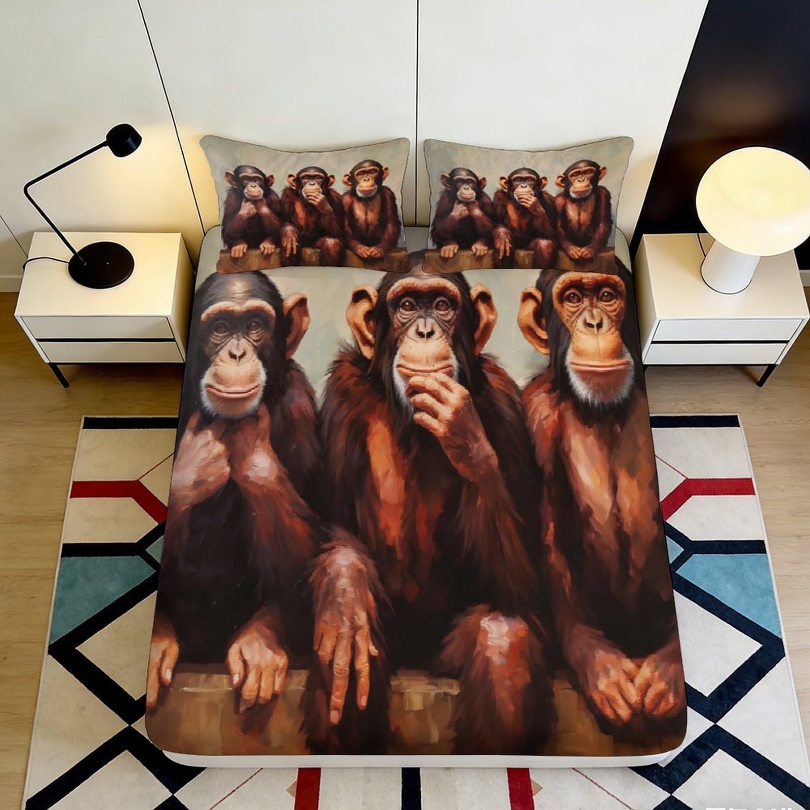 3D Printed Monkey Fitted Sheet Microfiber Deep Pocket Non-Slip Bedroom Bedding Monkey Mattress Fitted Cover for Adults Teens 200x200x25cm