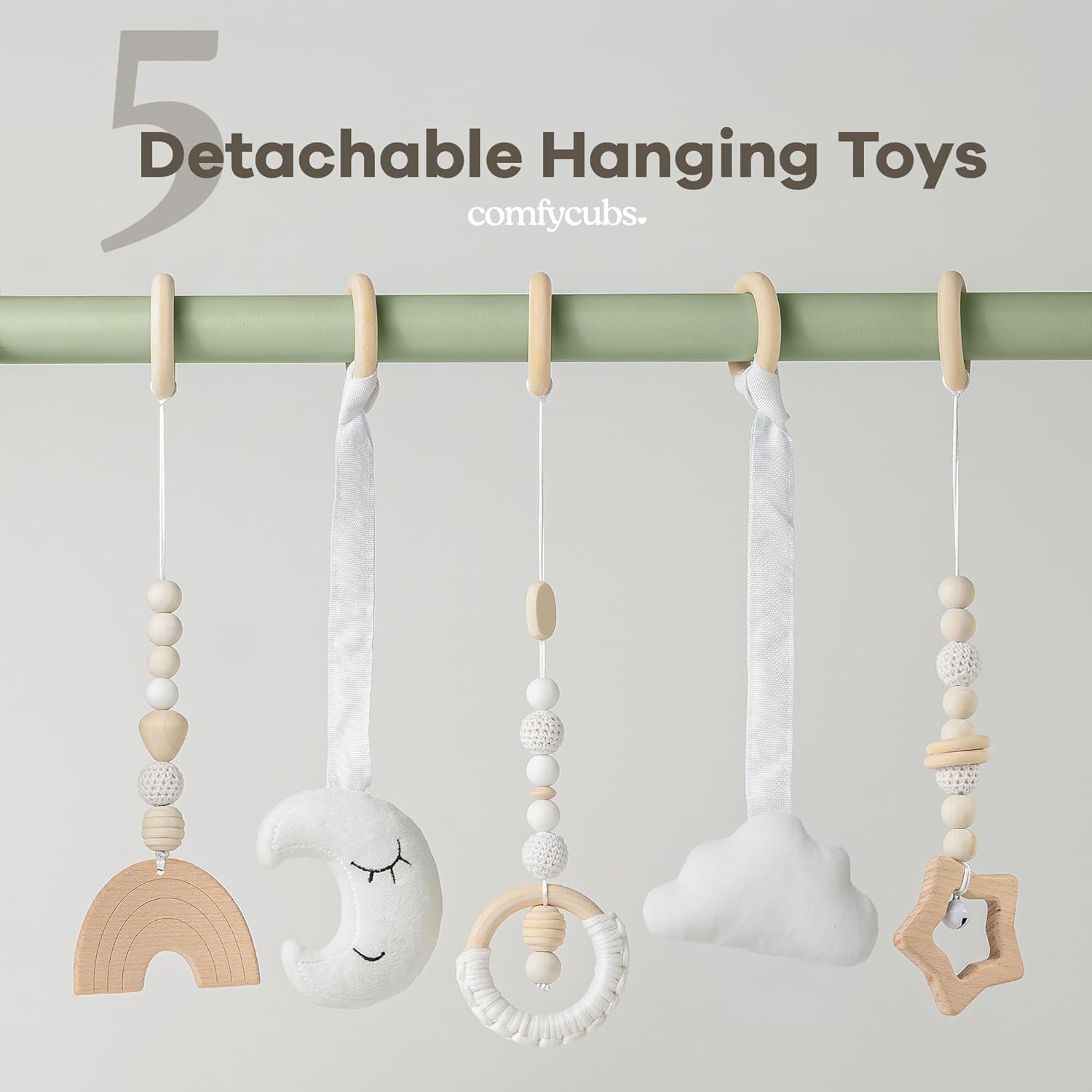 Comfy Cubs Wooden Baby Play Gym - Natural Finish Pinewood Baby Activity Gym with 5 Sensory Hanging Toys - Easy No-Tool Assembly, Safe and Durable for Infant Motor and Visual Development - Sage