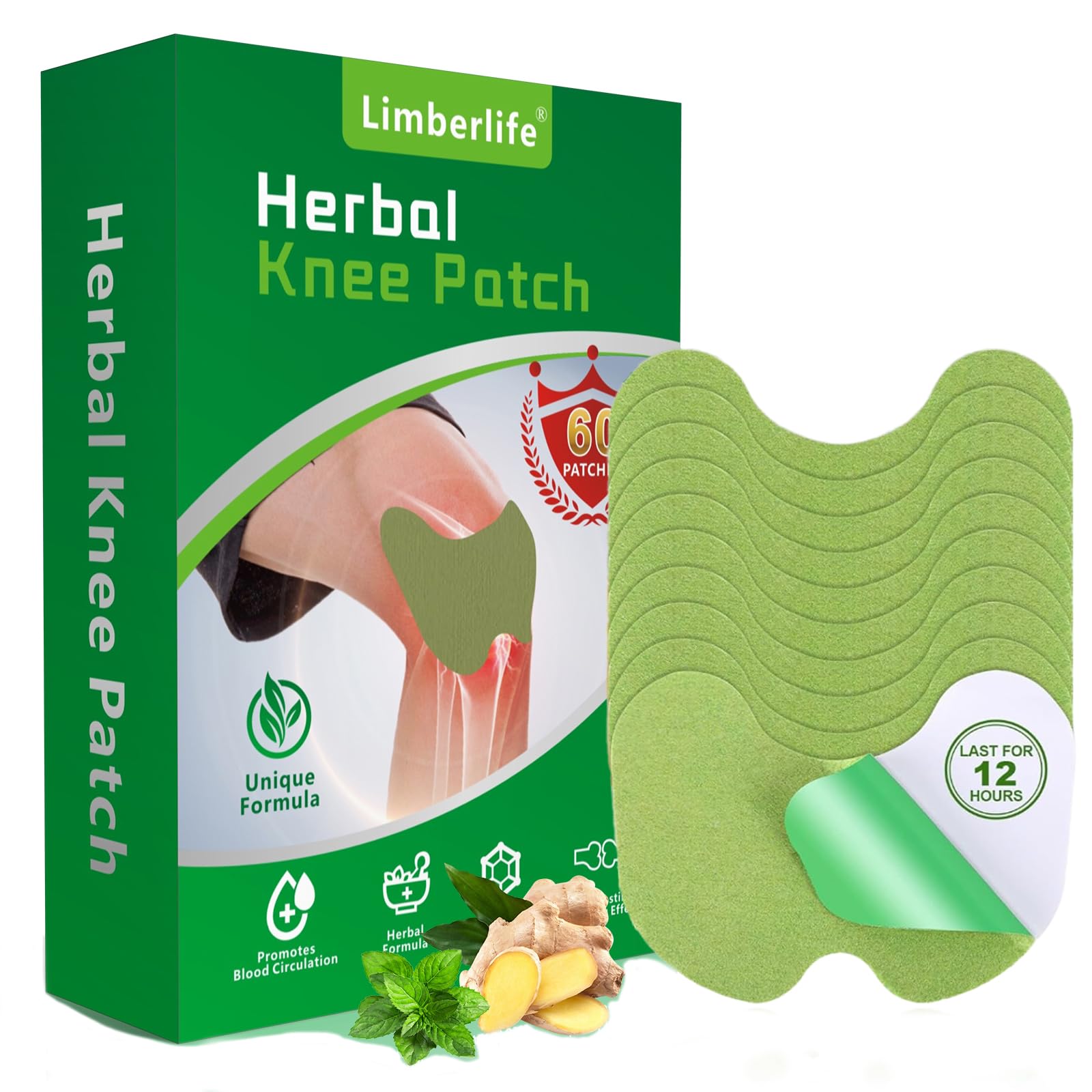 Limberlife Wärmepflaster Knie, 60 Stück Schmerzpflaster Patch, Natural Herbal Knee Patch Selbstklebende Pain Relief Patch Schmerzlinderungspflaster für Knie, Rücken, Nacken