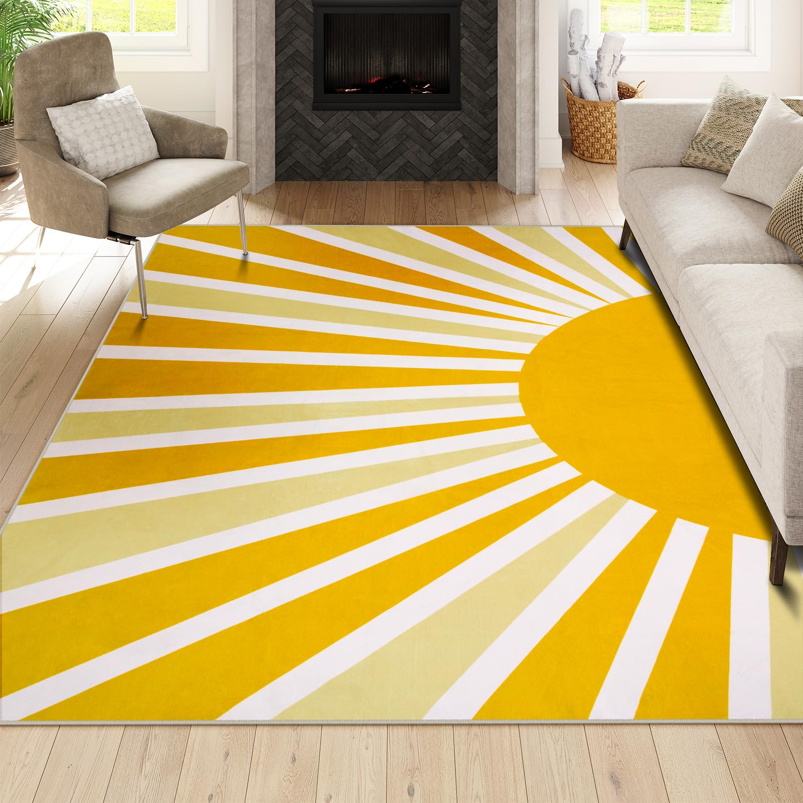 Lahome 8 x 10 Area Rugs for Living Room - Soft Cute Rugs for Bedroom 8x10 Non-Slip Low-Pile Large Nursery Rug, Boho Rainbow Sun Print Indoor Floor Carpet Rugs for Office Classroom (8'x10', Yellow)