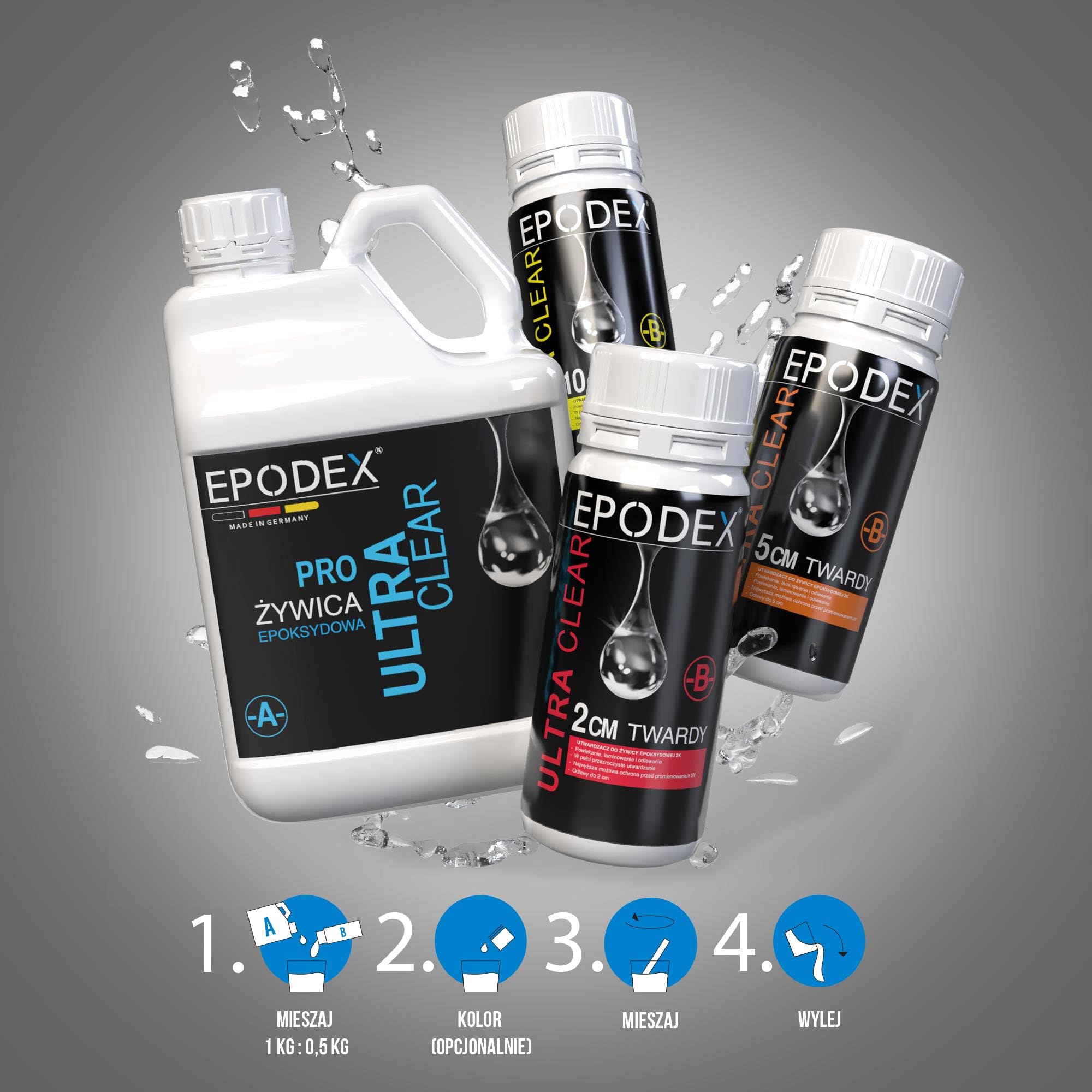 EPODEX Żywica Epoksydowa – Seria PRO | Krystalicznie przezroczysta do odlewów 0–2cm, 5cm lub 10cm | Do powłok, sztuki, biżuterii, lamp, river table i innych projektów z żywicą