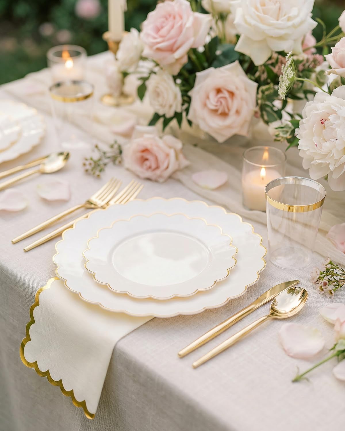 WONDERFUL 351pcs Ivory Plastic Plates - Upgrade Gold Plastic Dinnerware set Includes 100 Disposable Plates 150 Gold Silverware 50 Cups 50 Wedding Napkins 1 Table Runner for Wedding & High End Party
