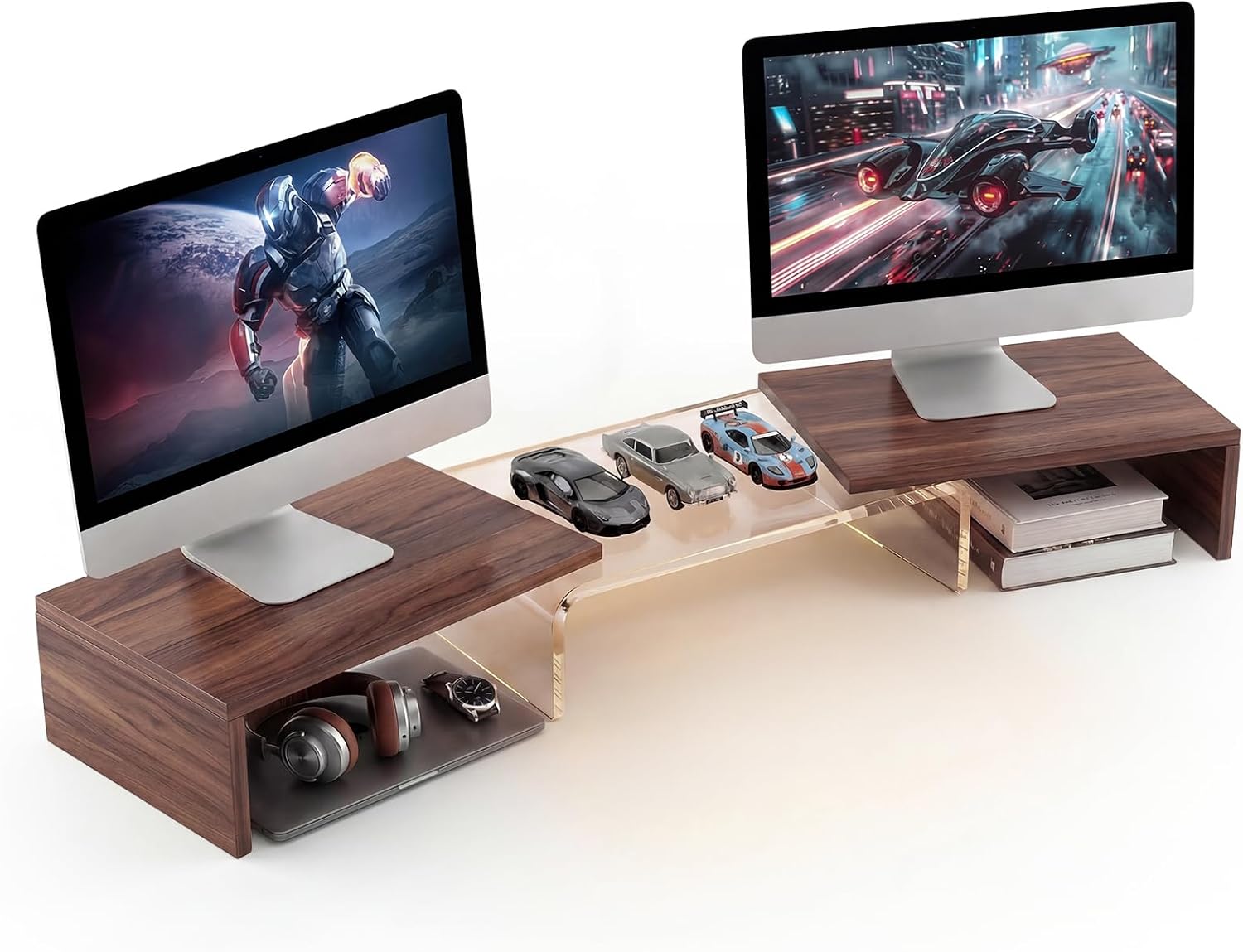 High-Clarity Dual Monitor Riser, Acrylic Monitor Riser, Adjustable Angle & Length Computer Monitor Stand, Wide Desk Shelf for Top of Desk for Home Office_Walnut Look Small