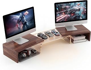 High-Clarity Dual Monitor Riser, Acrylic Monitor Riser, Adjustable Angle & Length Computer Monitor Stand, Wide Desk Shelf for Top of Desk for Home Office_Walnut Look Small