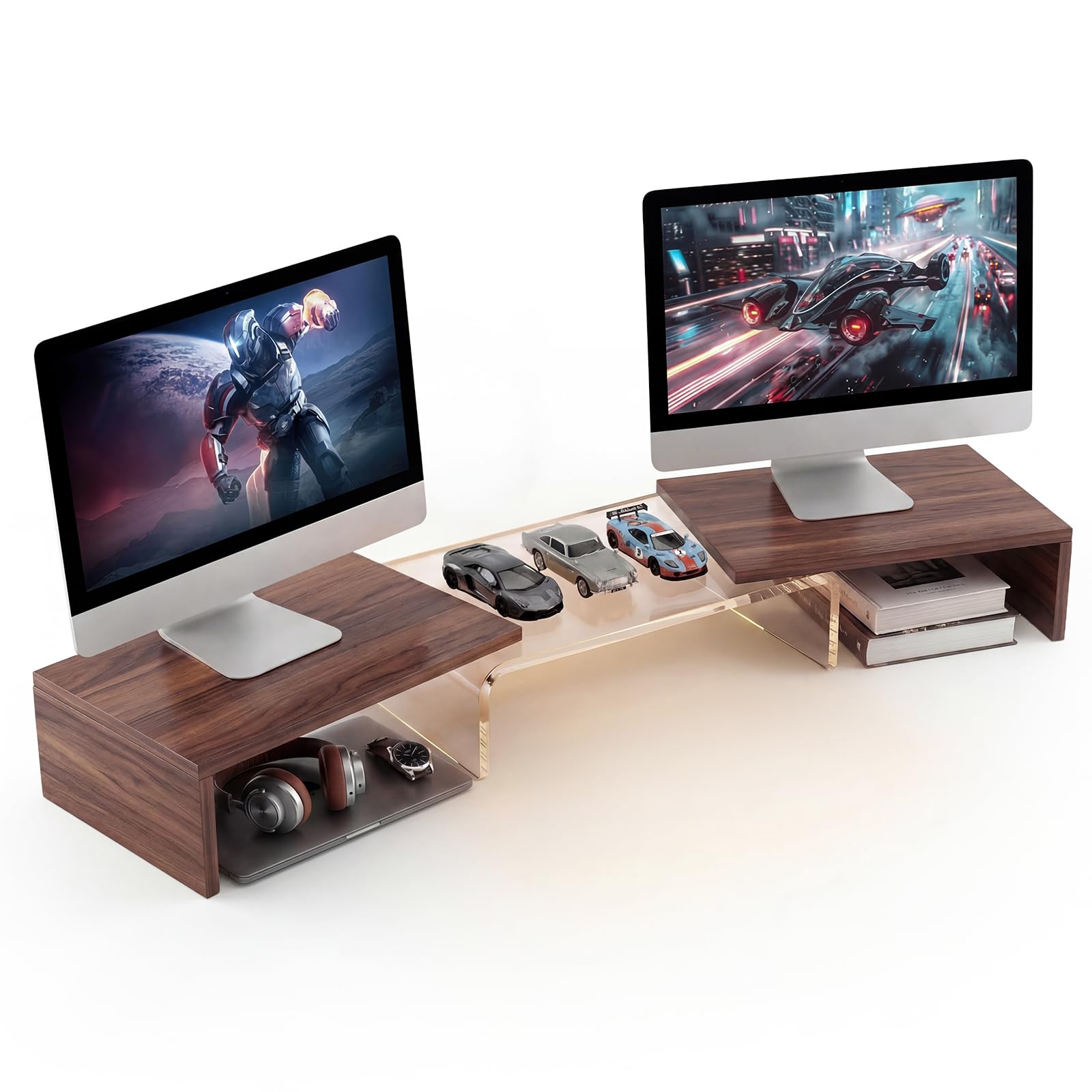 Bingyouth High-Clarity Dual Monitor Riser, Acrylic Monitor Riser, Adjustable Angle & Length Computer Monitor Stand, Wide Desk Shelf for Top of Desk
