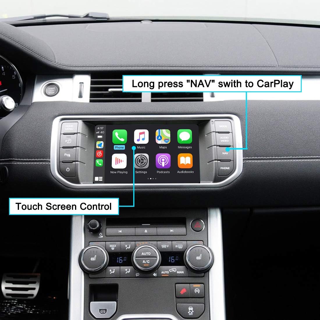 CarPlay interface on car screen with navigation and music apps, showing touch screen control and NAV button instruction