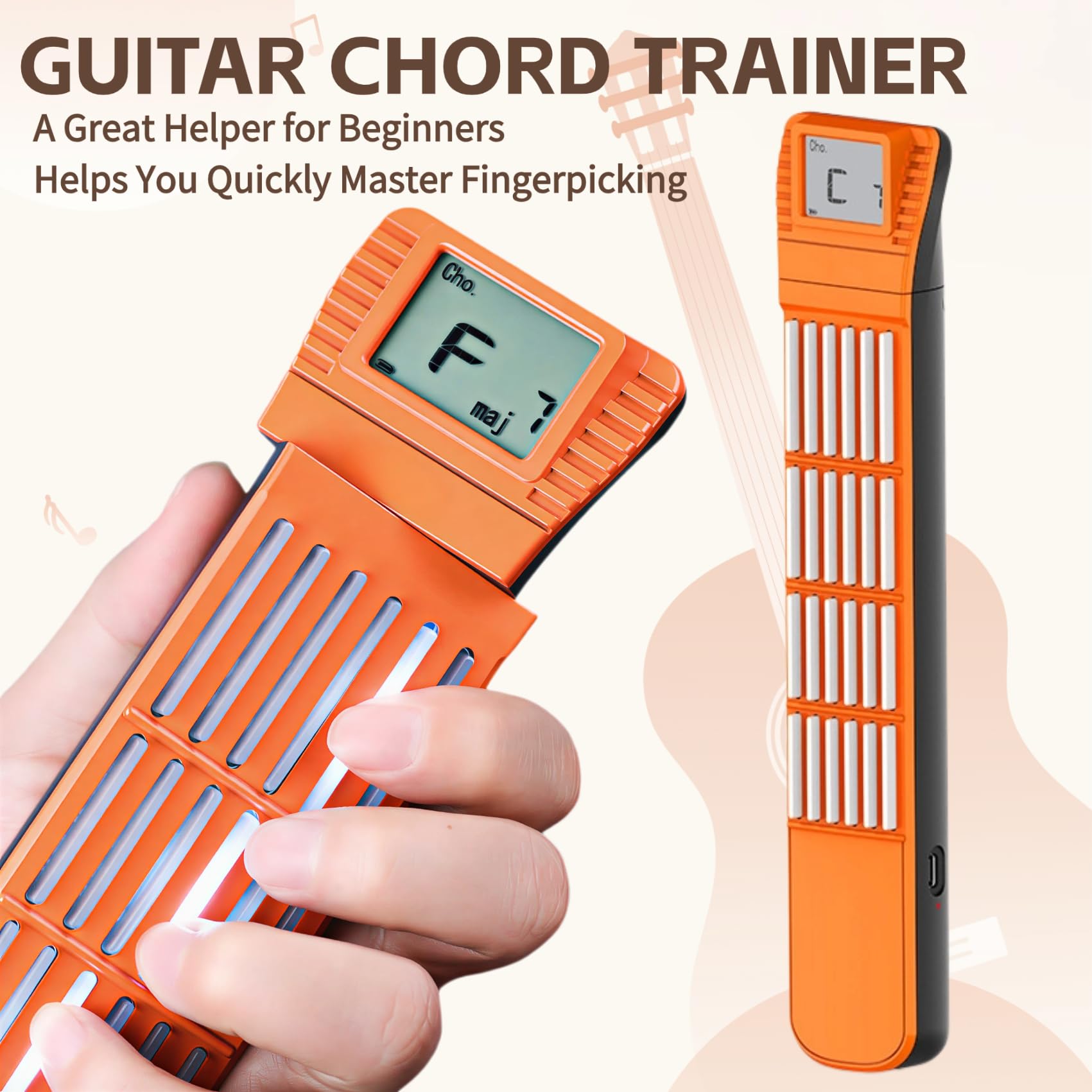 Digital Guitar Chord Trainer, tragbare 6-Bund-Gitarre Training Tool mit rotierenden Chart-Bildschirm, Anfänger Praxis Tool mit Akkord Chart Metronom, SCT-80 (Orange verbesserte Version)