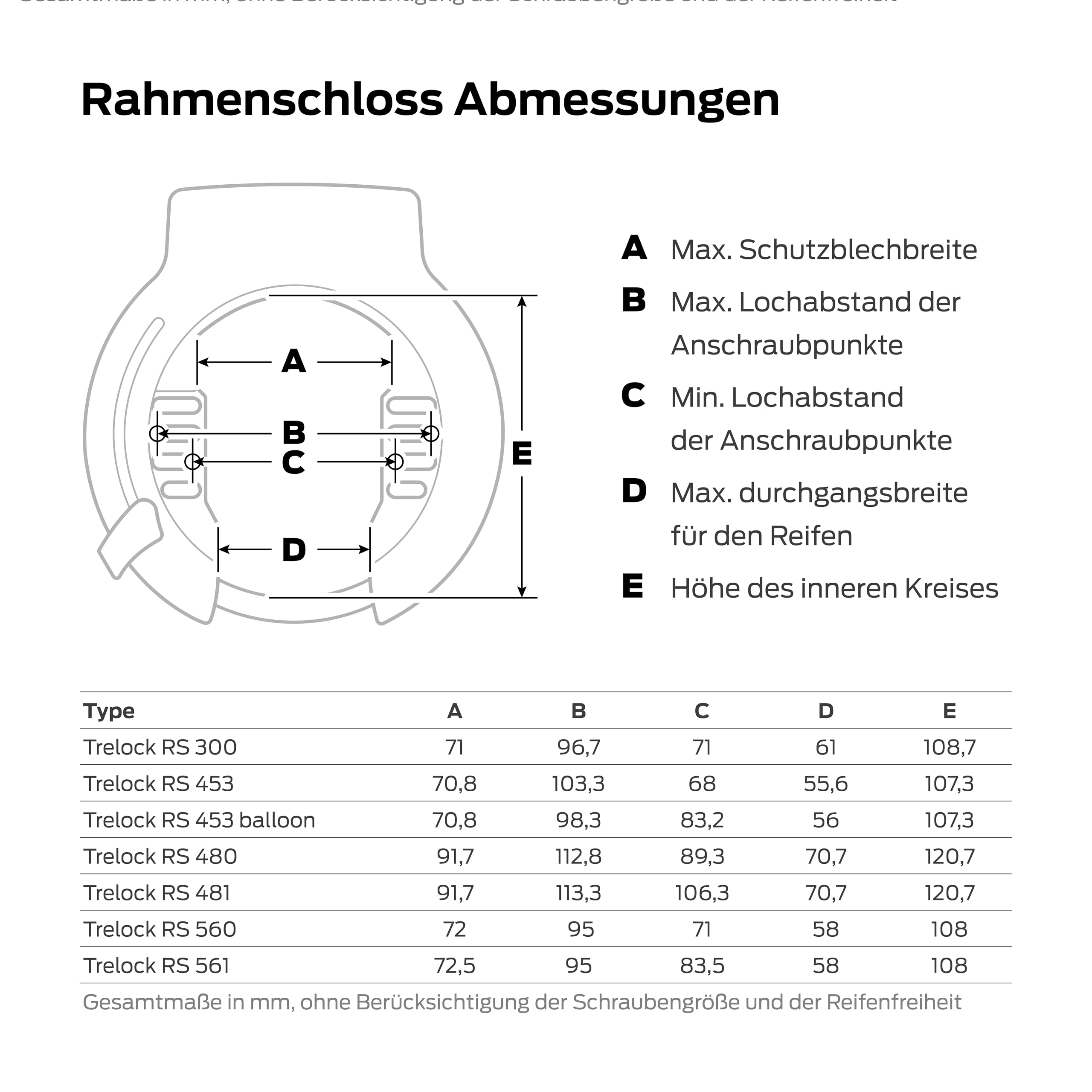 TRELOCK Rahmenschloss RS 481 Naz – Für extra breite Reifen – 92 mm Durchlauf – Einsteckketten kompatibel – Schlüssel Nicht abziehbar