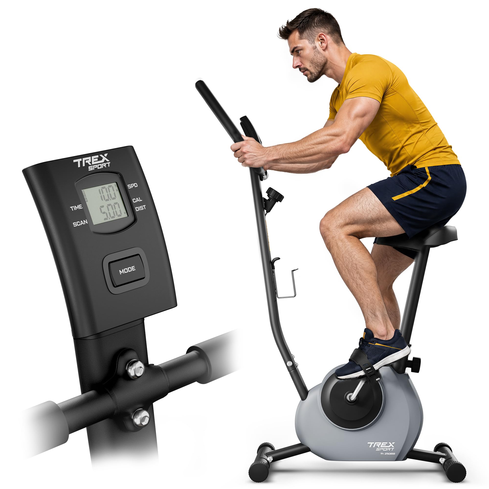 TREX SPORT Heimtrainer Fahrrad JOLT bis 100kg Cardio Fitnessbike Mechanisch | TX-250BB Hometrainer für zuhause, Ergometer mit LCD-Display, Pulssensoren, 5 Sitzhöhen, Schwarz / Grau