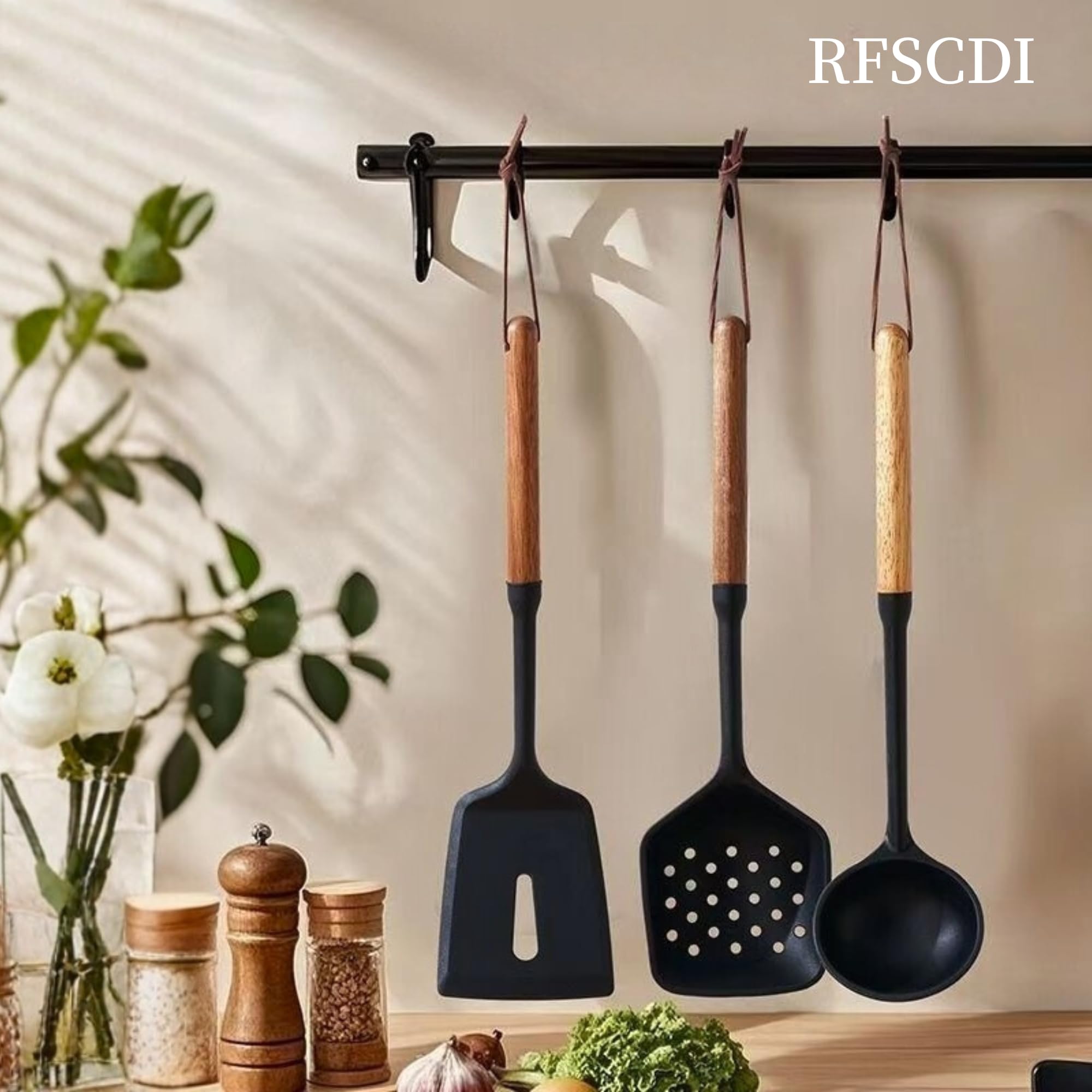 Squisito set di utensili da cucina in silicone, atossici, resistenti al calore, con manici in silicone per uso alimentare e legno, include spatola e cucchiaio per pentole antiaderenti, nero