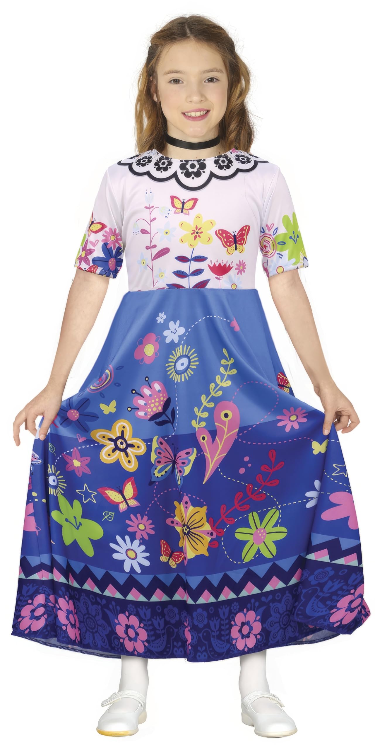 FIESTAS GUIRCA Enchanted Summer Girl Fancy Dress Costume - White and Blue Dress with Flower Pattern for Children 3-4 Years