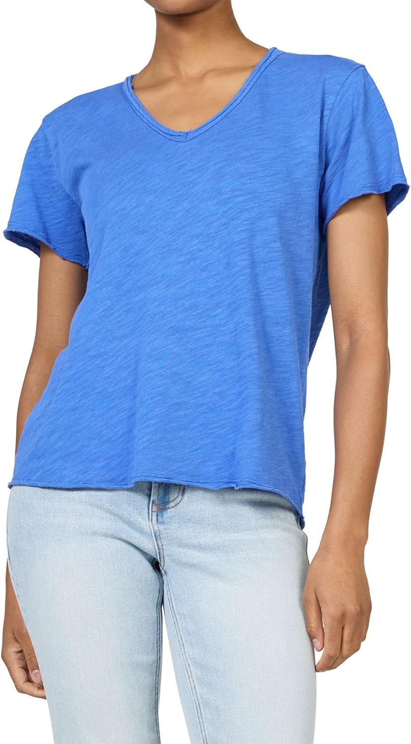 DEAR JOHN Vanya Short Sleeve Vee Neck Women's Slub Tee Knit Relaxed Fit Shirt