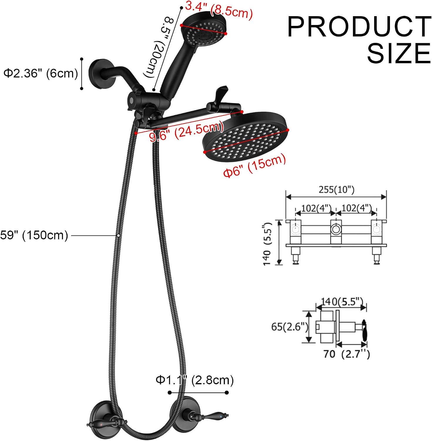 LIWEIKE 2 Handle Shower Faucet Matte Black Two Handles Shower Faucet Set with Extention Adjustable Shower Arm Black Shower Faucet Set 2 Knobs