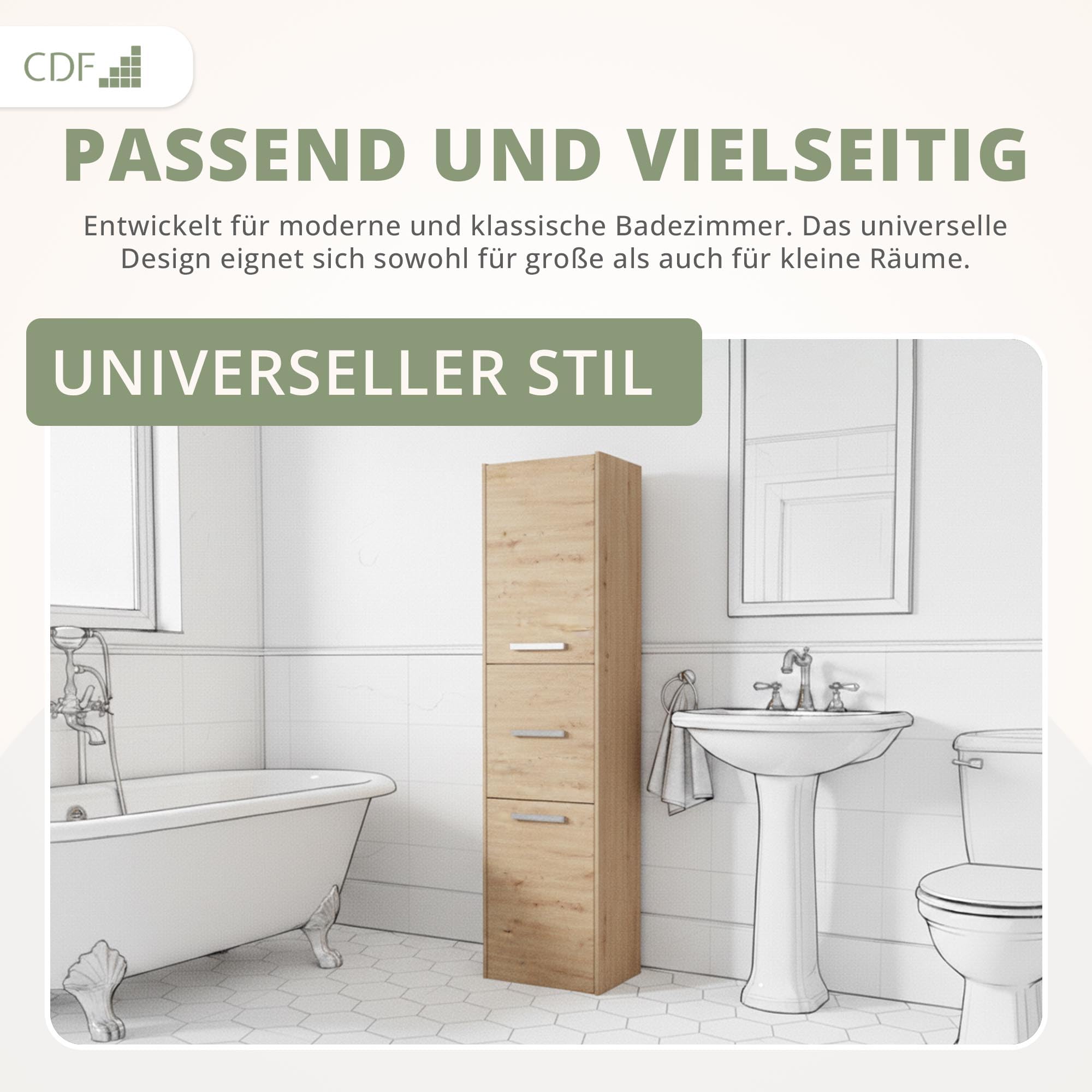 CDF Hochschrank SCHMAL HOCH-Schrank Badschrank 40cm Breit Badezimmerschrank | Nischenschrank Badmöbel für Kosmetik Handtücher Badezimmer Bad WC Toilette Flur Stehend Eiche Artisan | 30x40x170
