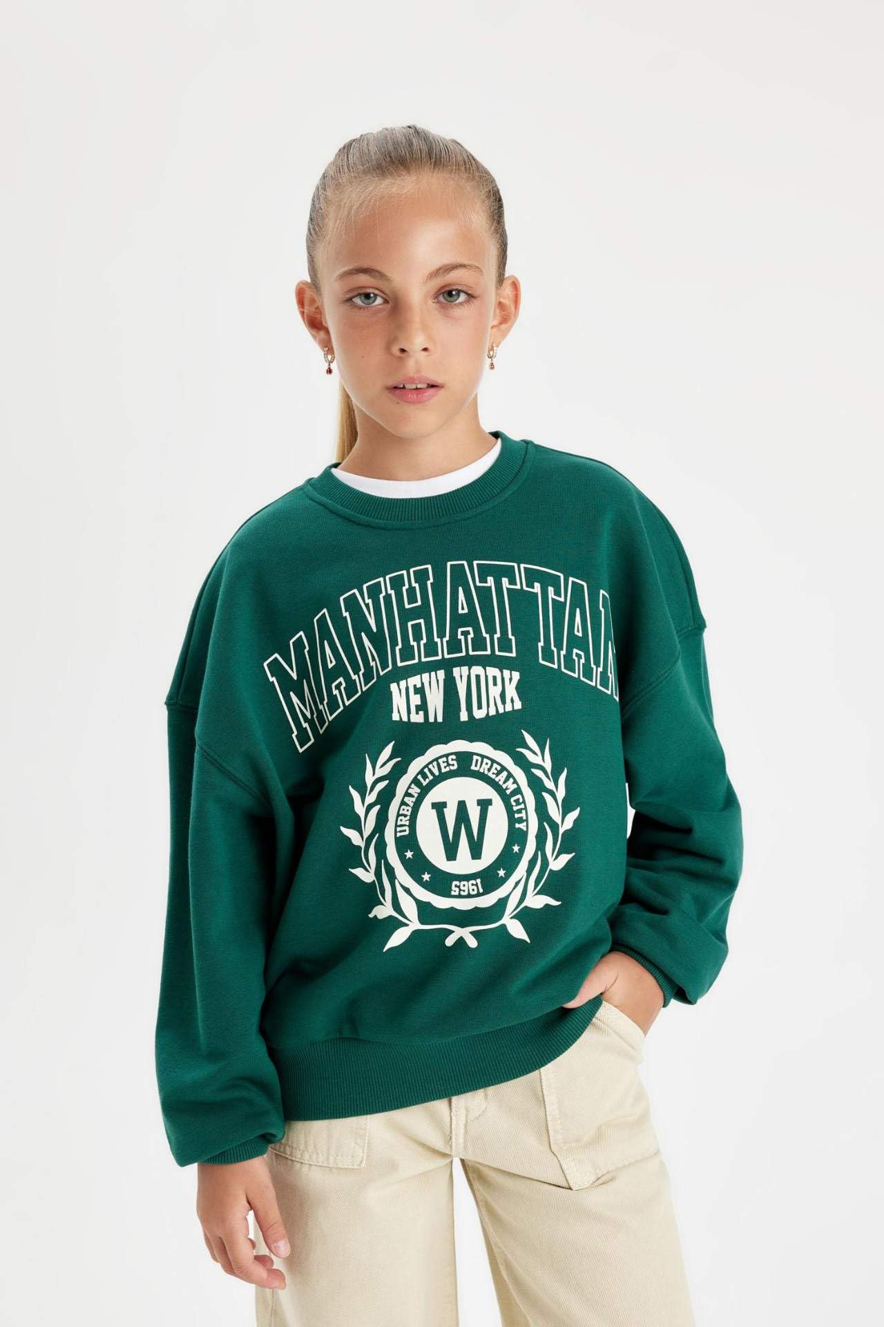 DeFacto Girl Regular Fit bluza z długim rękawem, dziergana bluza z kapturem dla dziewczynek (D.Green, 5/6 Y), zielony, 5-6 lat