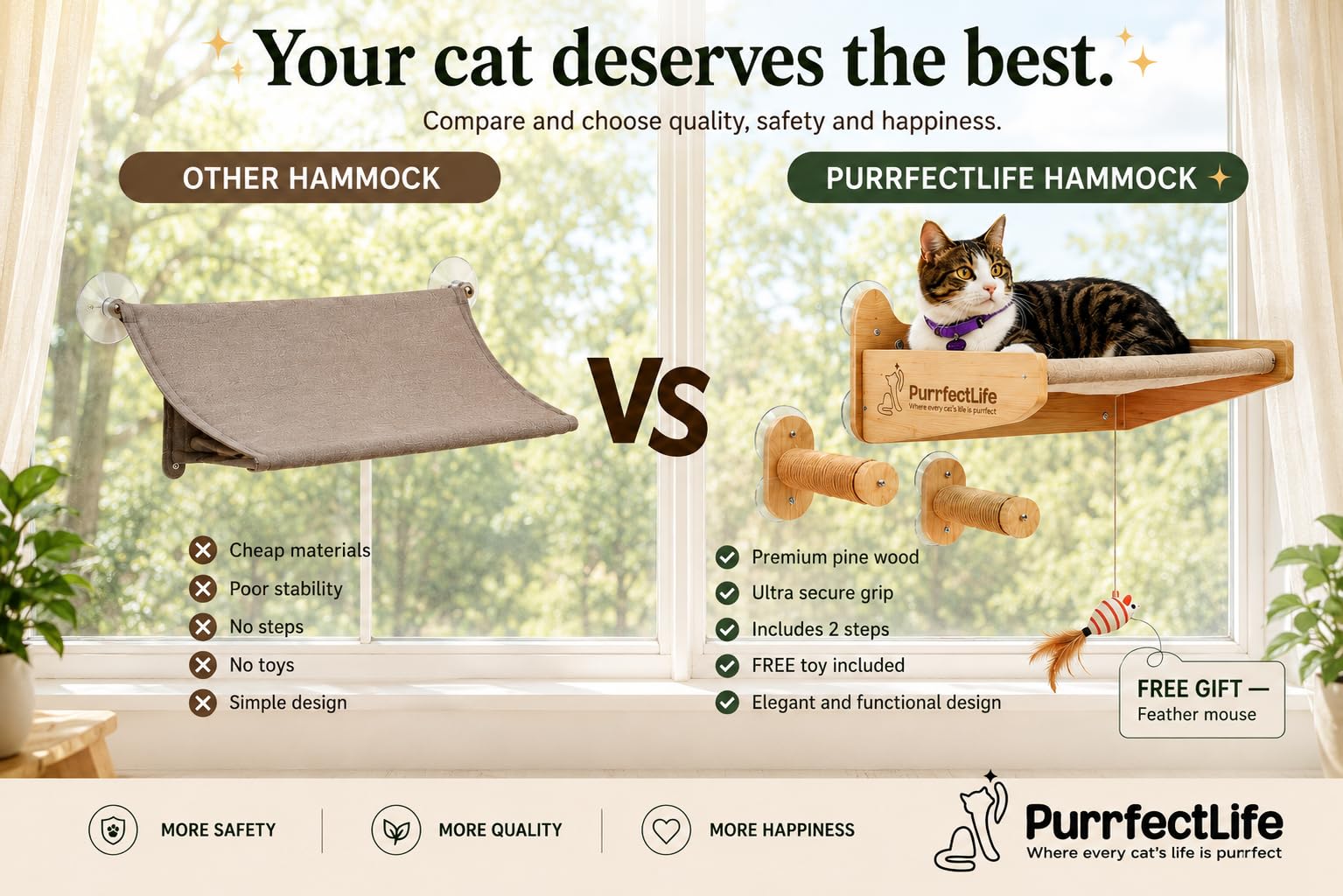 Hamaca para gatos para ventana y pared (2 en 1) - Percha de madera de color sólido y natural con 2 escalones - Hamaca 100% algodón - No necesita herramientas - Gratis: juguete para gatos