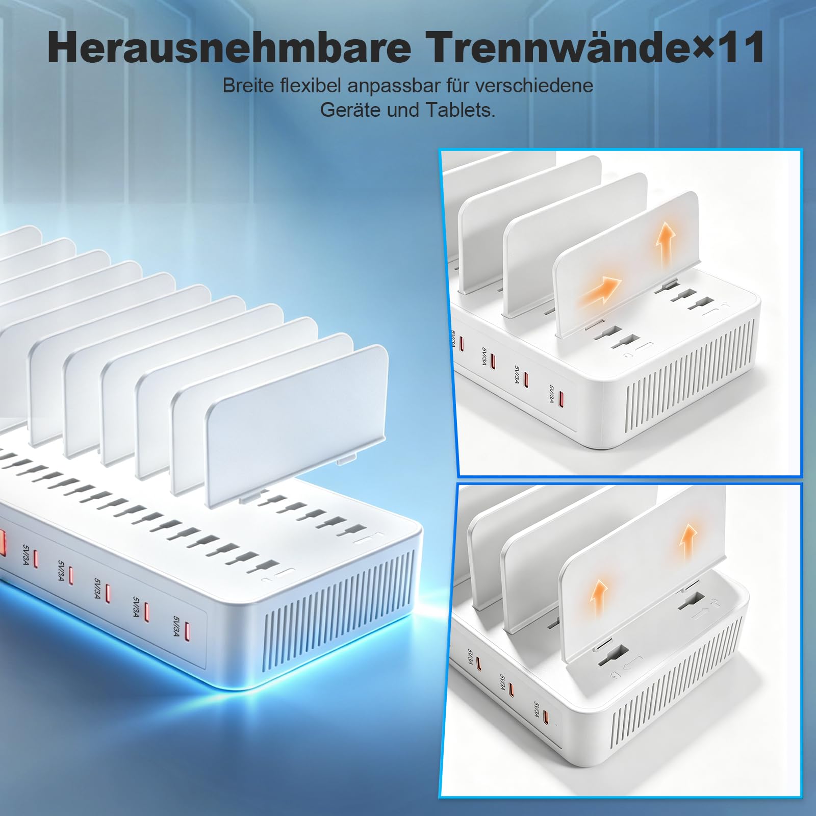 100W USB Ladestation Mehrfach, 10-Port USB C Ladegerät Mehrere Geräte mit verstellbaren Trennwänden Schnellladestation für iPhone, iPads, Tablets und andere Geräte (mit 10 Ladekabeln) Weiß