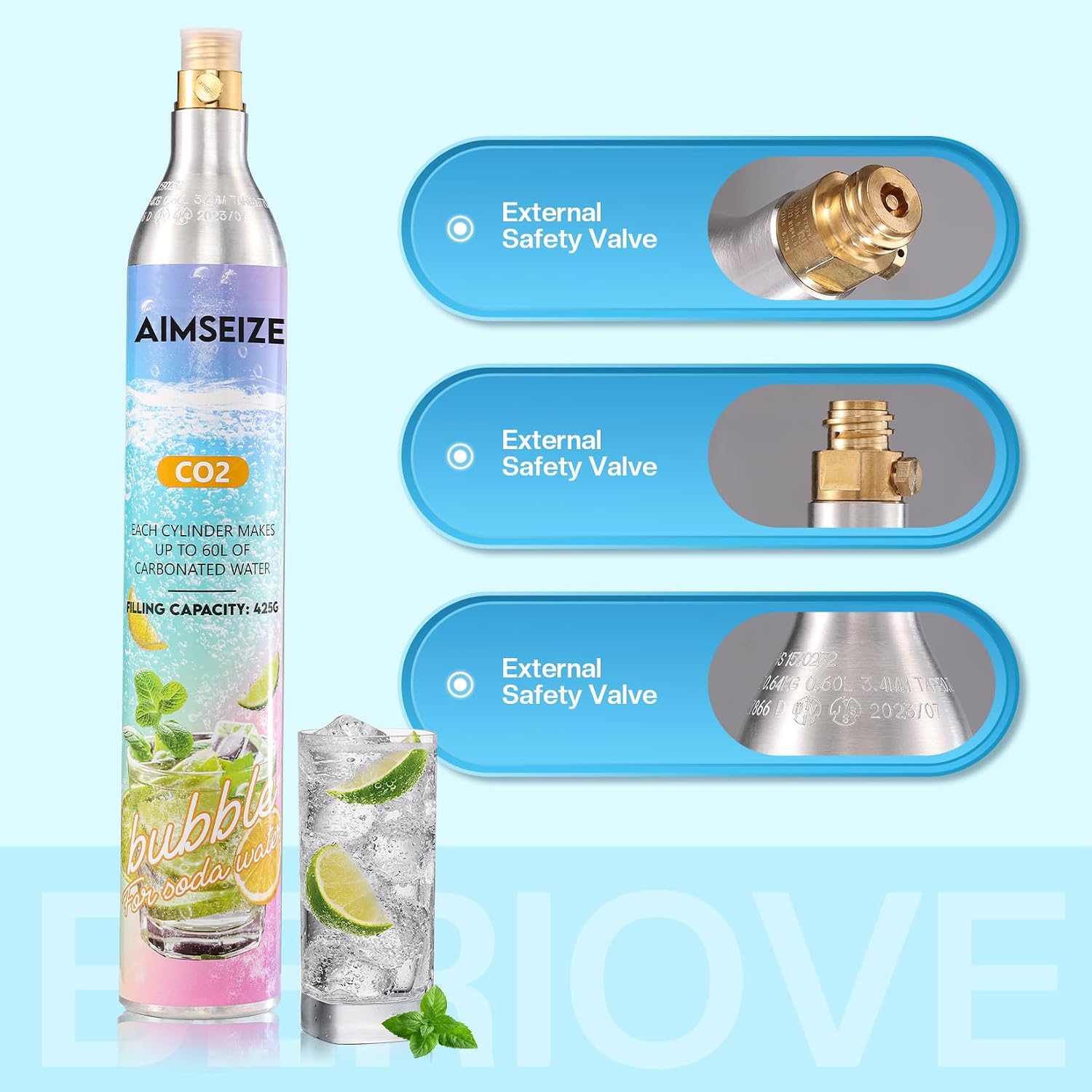 AIMSEIZE CO2 Cylinder for Soda Makers - 60L Fast Refill Carbonator Cartridge 1piece (14.5 oz) Compatible with Most Soda Machines.