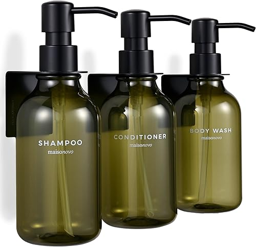 MaisoNovo Dispensador de champú y acondicionador, dispensador de jabón de ducha montado en la pared, juego de 3 botellas de plástico verde de 16.9