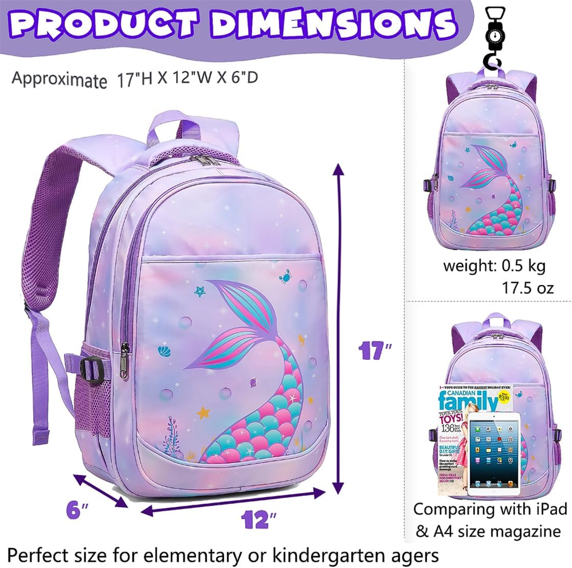 BLUEFAIRY Kids Backpack for Girls Elementary Primary School Backpacks Kindergarten Bookbags Back to School Book Bags with Large Campartments Mochilas para Niños 17" Mermaid Purle