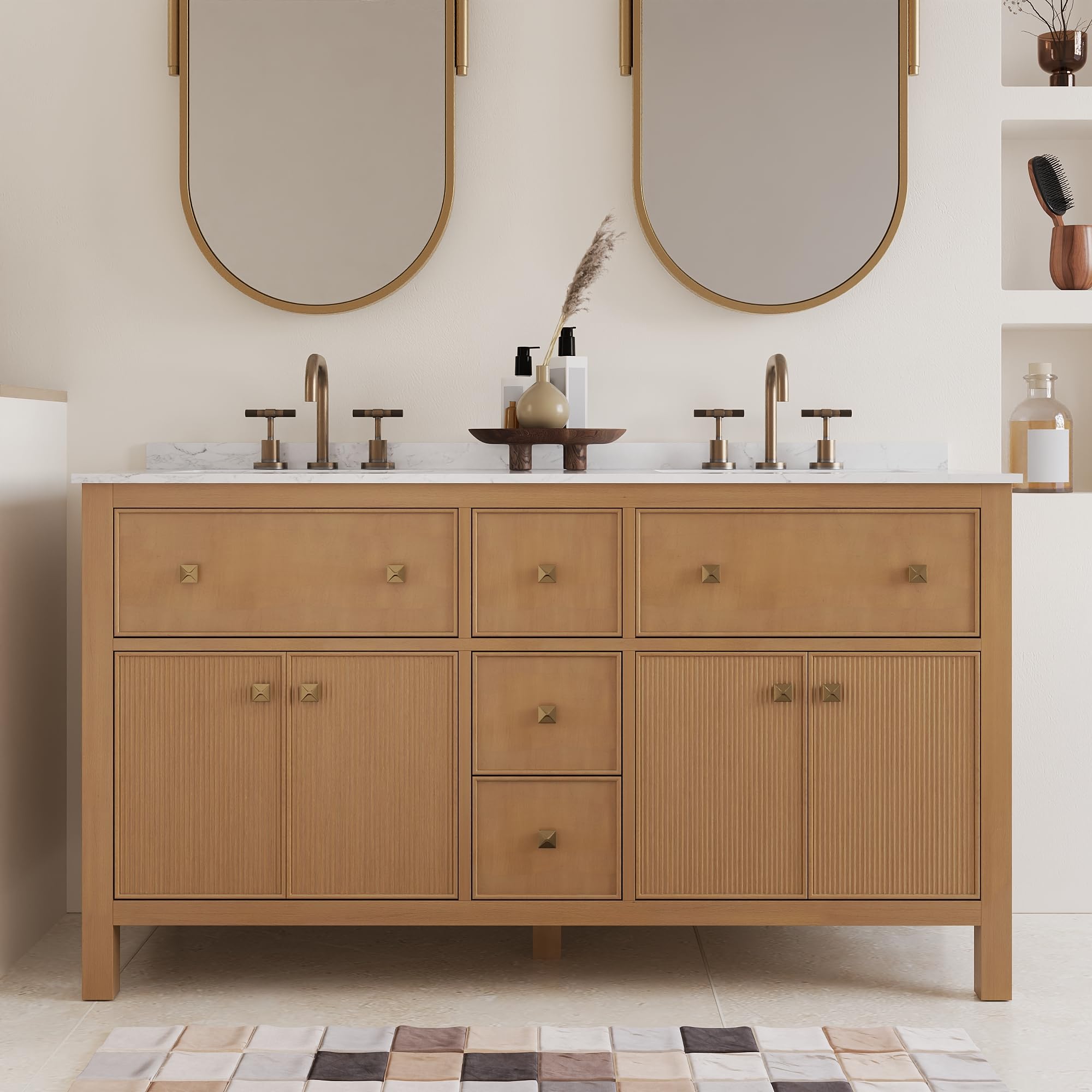 Deer Valley 60" Bathroom Vanity with Double Sink Top, Pre-assenmbled Vanity with Quiet-Close Drawers and Splash Guard, 3-Hole Pre-drilled, Ample Storage, Natural Wood Color