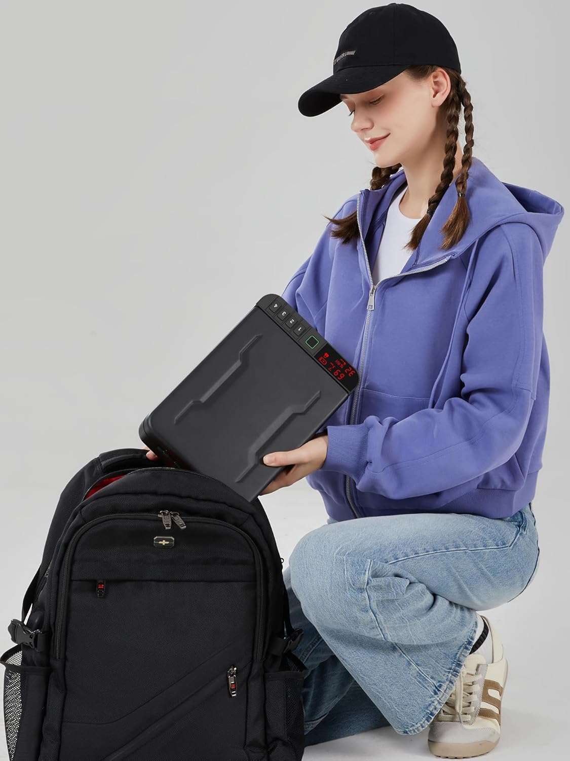 Portable Gun Pistol Safe with LCD Display of Temp,Humidity,Biometric Fingerprint,Keypad Lock,Key,Biometric Handgun Safe for Travel/Home/Car/Nightstand Beside (Black)