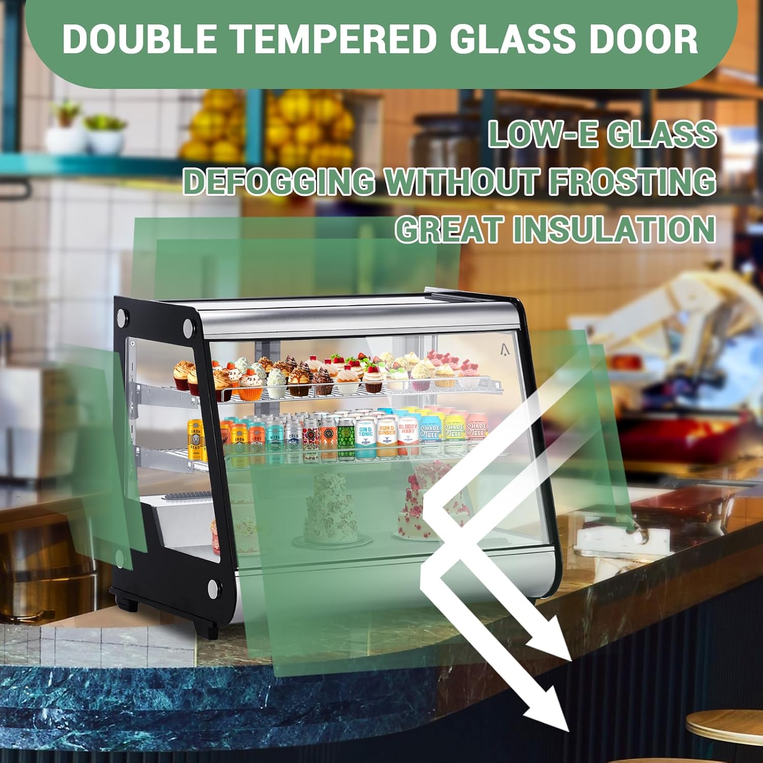 5.3 Cu.Ft Commercial Countertop Refrigerators Display Case, Stainless Steel Beverage Refrigerator with LED Lighting, Auto Defrost, Adjustable Shelves, Rear Sliding Door for Cafe, Restaurant, Bakery