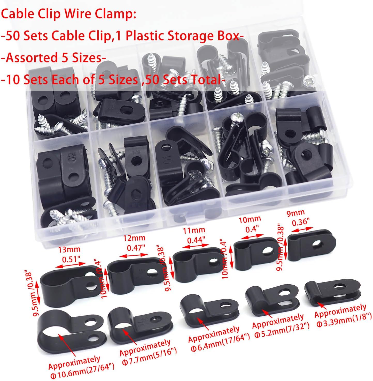 50PCS R-Type Nylon Rope Cable Clip Wire Clamp with 50 self-Tapping Screws-Assorted 5 Sizes Stored in a Plastic Storage Box,Perfect for Cable Rope Tube Wire Management (Black)