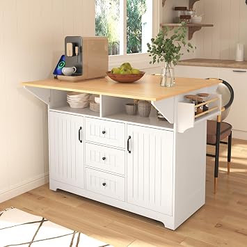 FABLISS Rolling Kitchen Island Cart with Drop Leaf Countertop & Power Outlets, Foldable Dining Table on Wheels Mobile Kitchen Island with Storage Cabinet, 3 Drawers, Tower Rack White