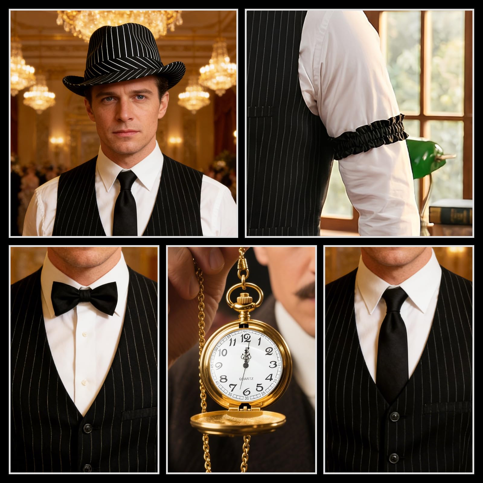 Owdenuy 1920s Gatsby Costume for Men,1920s Men Fancy Dress Stripe Vest Accessories Set - Image 4