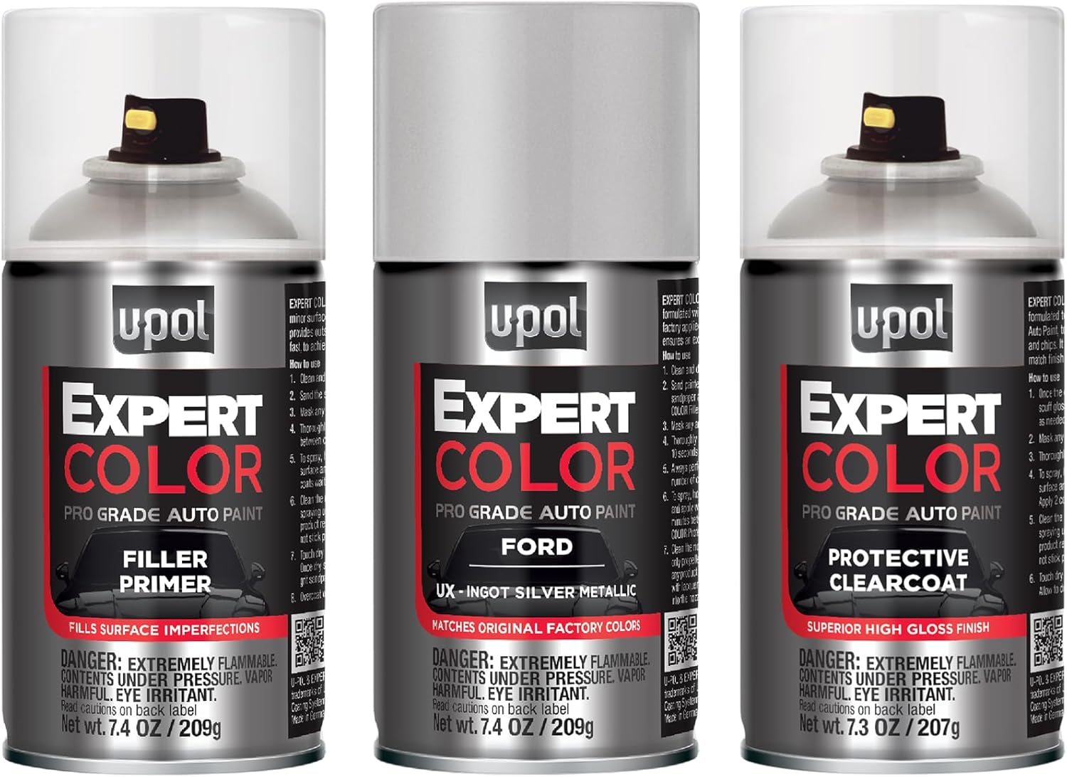 U-POL Expert Color Car Spray Paint Touch Up Kit, Ford UX Ingot Silver Metallic, Exact Match Automotive Paint Kit with Primer & Clearcoat, For Scratch Repair or Repainting