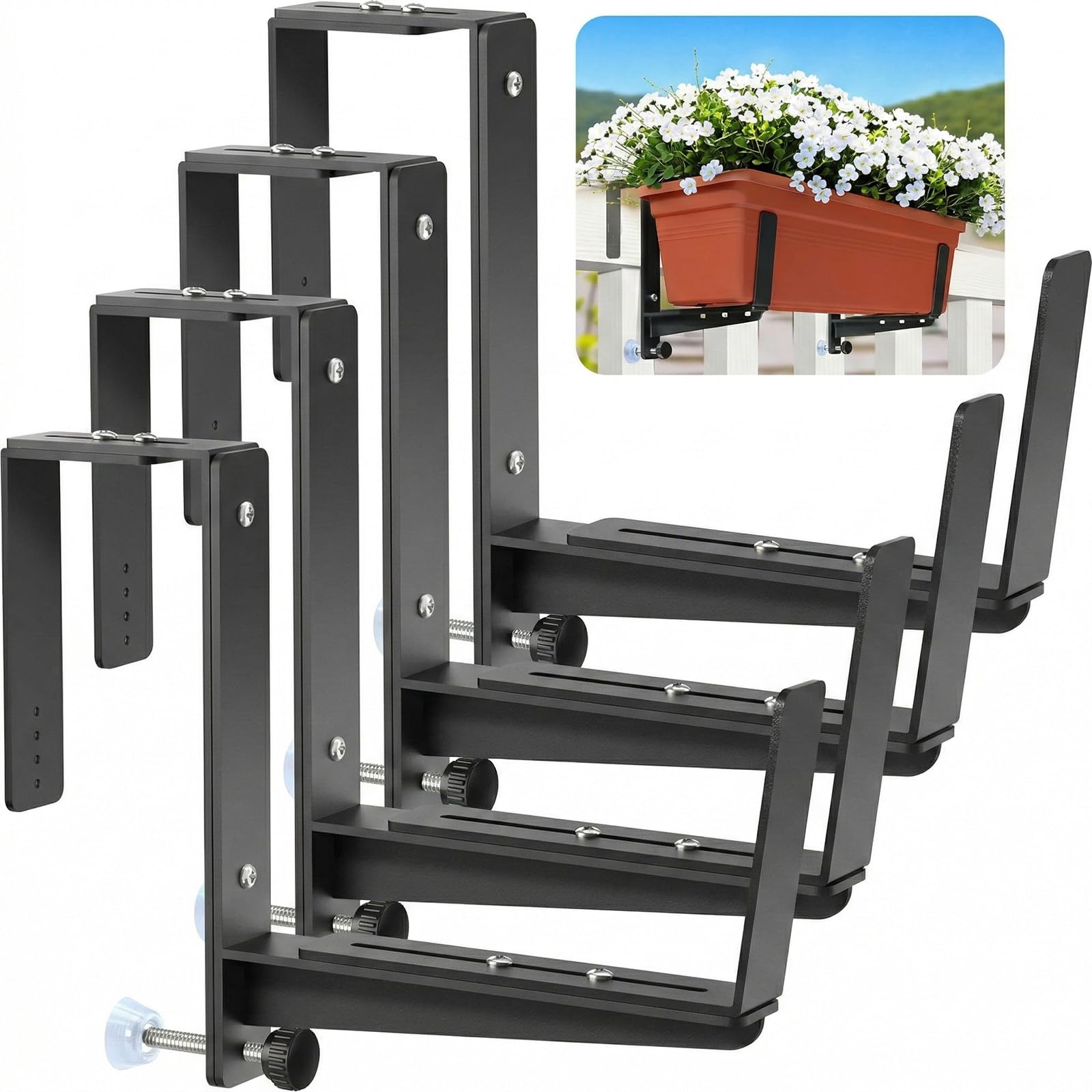 Window Box Brackets, Adjustable Planter Box Brackets, Heavy Duty Iron Flower Box Brackets for Railings, with Enhanced Bottom Support - Perfect for Balconies, Fences, and Gardens (Black, 4 Pack)