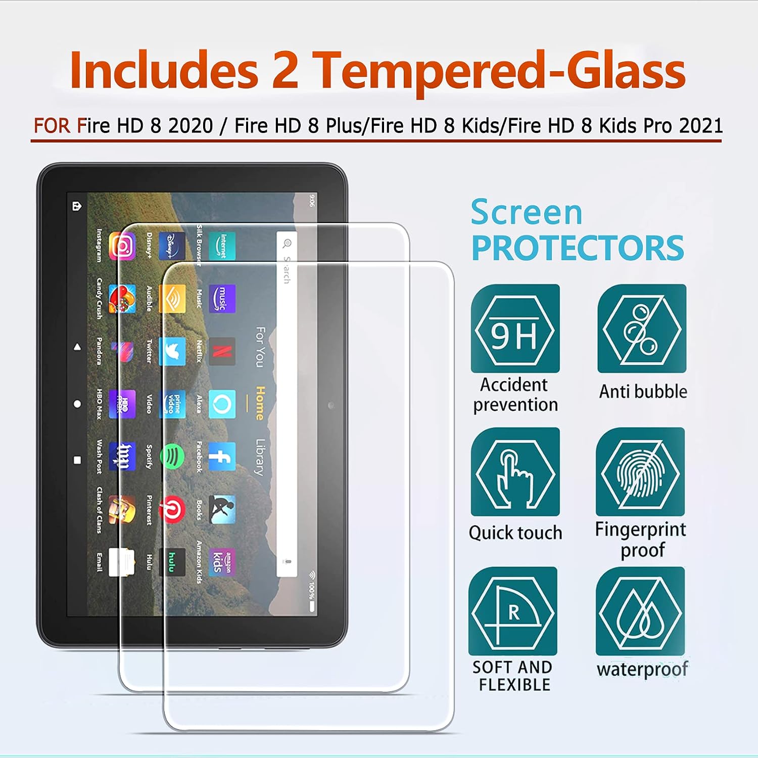 Ferilinso [2 Pack for All-New Fire HD 8 2020 / Fire HD 8 Plus/Fire HD 8 Kids/Fire HD 8 Kids Pro 2021 Released Screen Protector, Case Friendly, Tempered Glass High Definition 9H Hardness