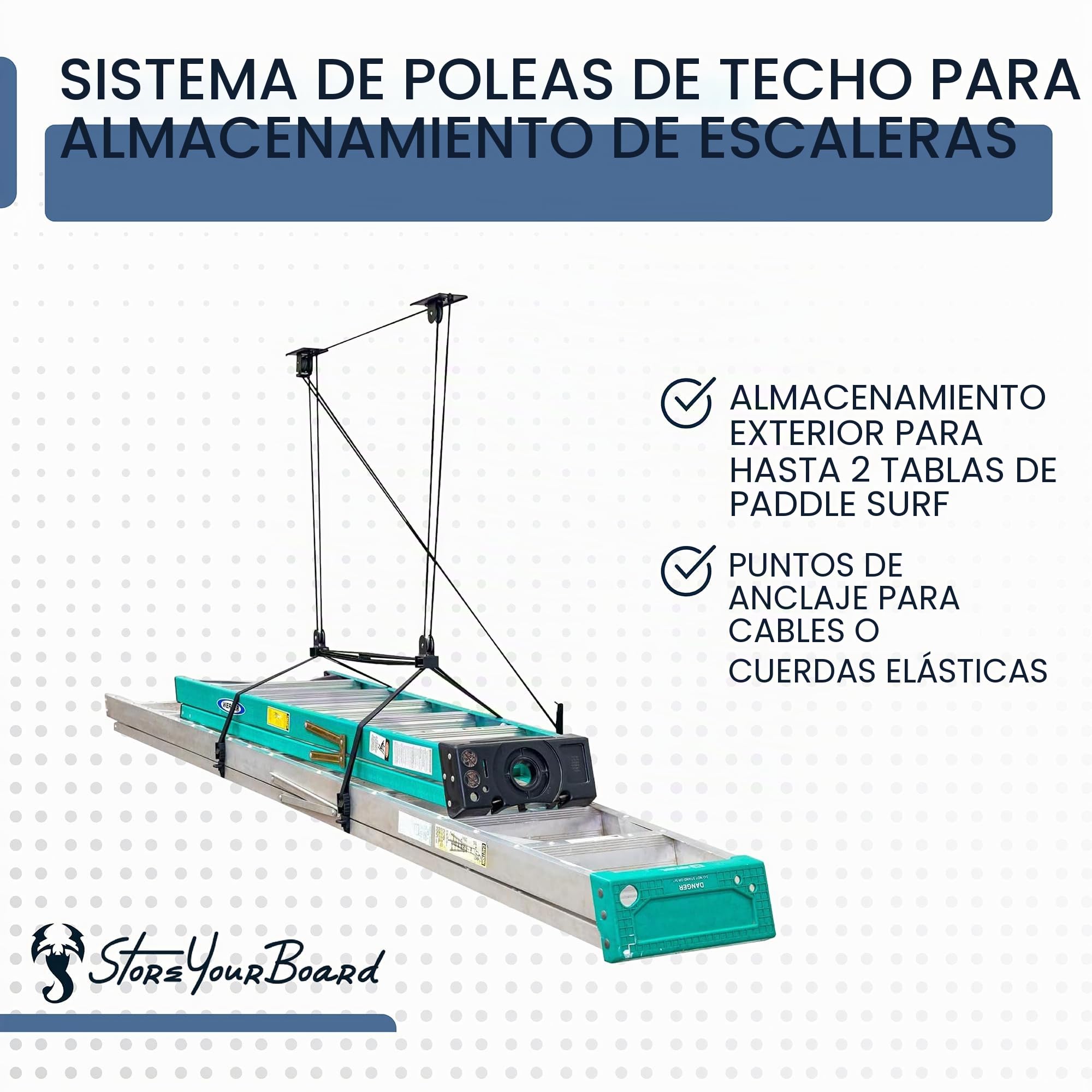 StoreYourBoard Polea de almacenamiento para escalera de techo de garaje, sistema de elevación superior, 150 lb