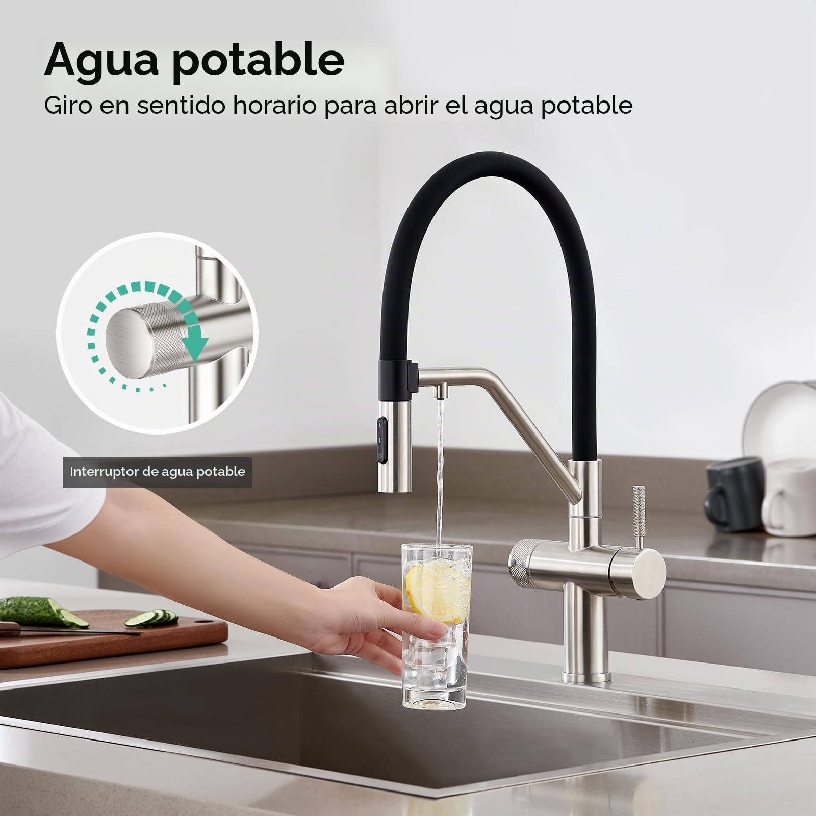 Faustina Grifo de cocina extraíble 3 vías doble palanca acero inoxidable manguera silicona negra flexible sistema ósmosis