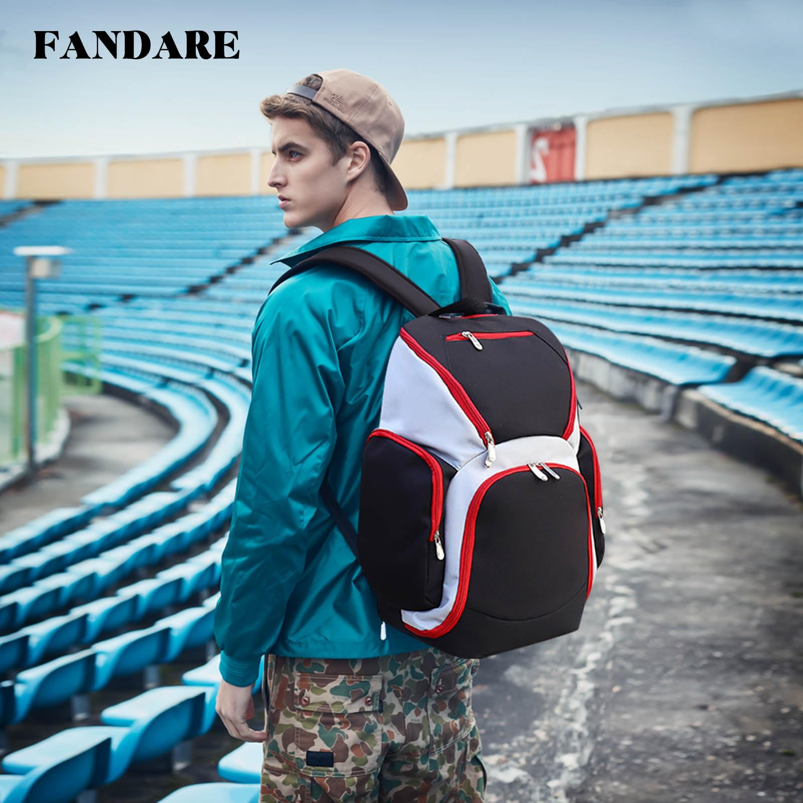 FANDARE Sac à Dos de Basket-Ball Grand Sac de Foot Sacs à Dos Cartables Sacs portés Dos Sac d'épaule pour Le Football, Volley-Ball,Voyager,Étudiant Daypacks Noir Rouge