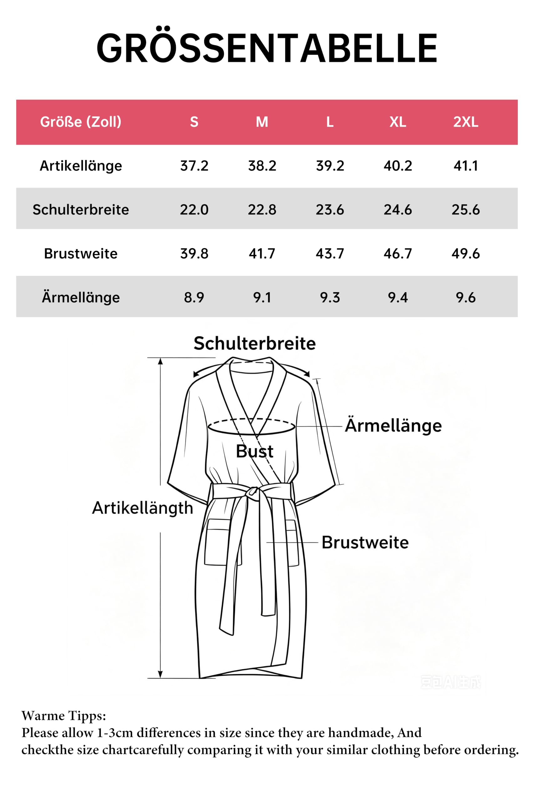 ANLIQI Damen Kurz-Bademantel 100% Baumwolle Sommer Leicht Kimono Bademantel mit Taschen