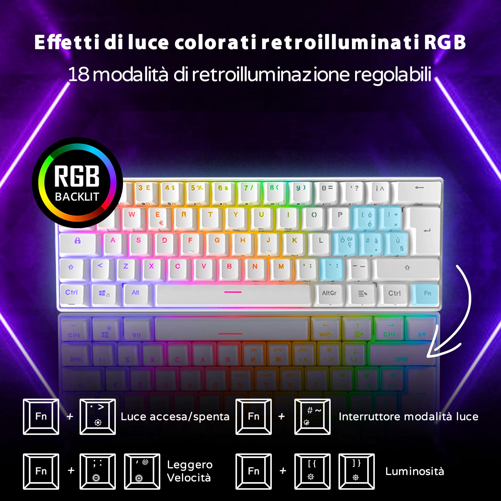 RK61 Tastiera Gaming Meccanica, 60% Tastiera Wireless 2.4Ghz/Bluetooth/USB-C RGB Backlit Interruttore Blu Hot Swap Double-Shot ABS Keycaps Compatibile con Win/Mac, Bianco (QWERTY Layout Italiano)