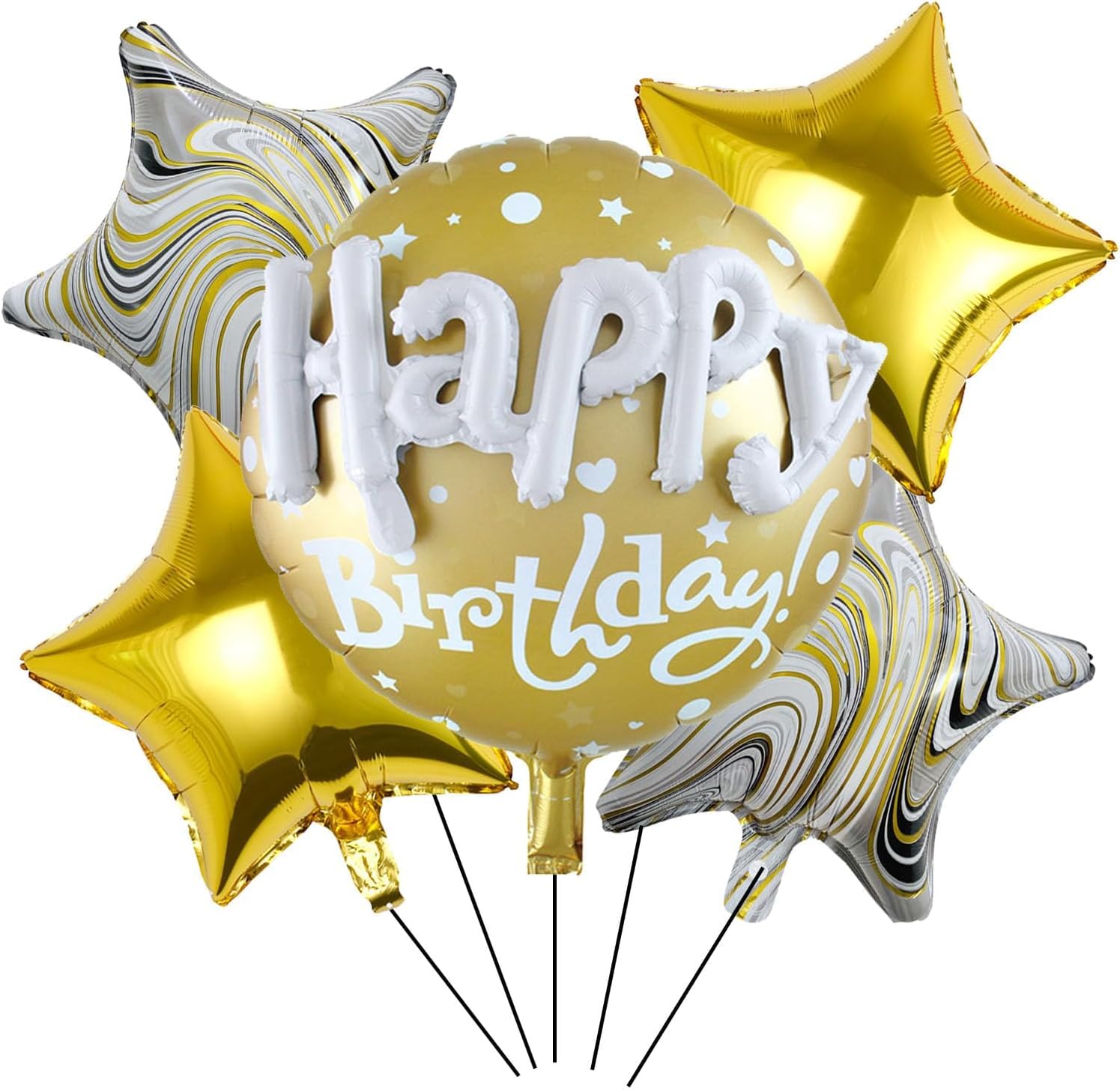 5pcs Gold Star Foil Balloons Set - 23 inch Birthday Balloon with 4 Shiny Star Balloons - Reusable Party Decorations No Helium Needed