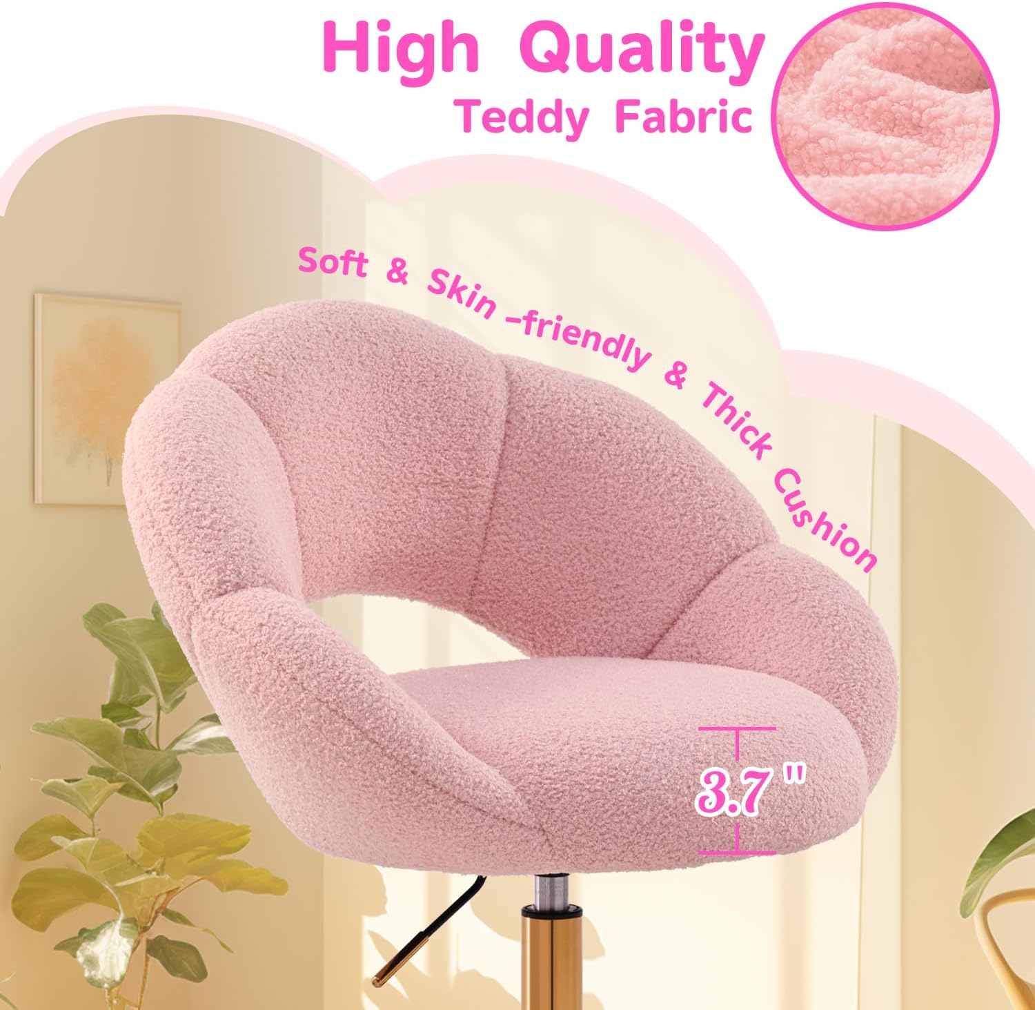 Home Office Desk Vanity Chair: Adjustable Swivel Petal Comfy Upholstered Makeup Chair with Back Wheels for Girls Women Cute Aesthetic Modern Rolling Make Up Accent Chair Metal Gold & Pink